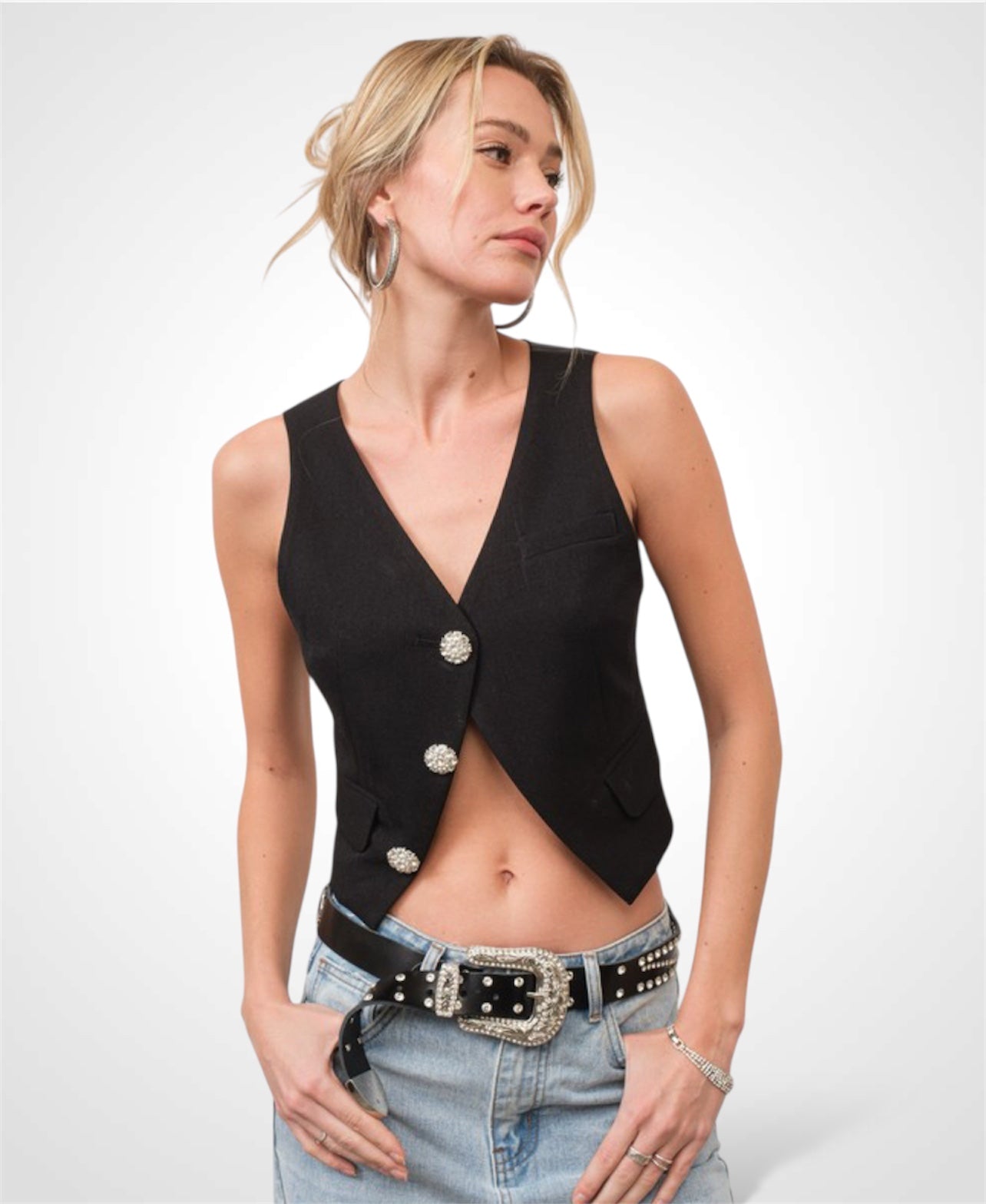 CRYSTAL BUTTON CROPPED VEST•-1