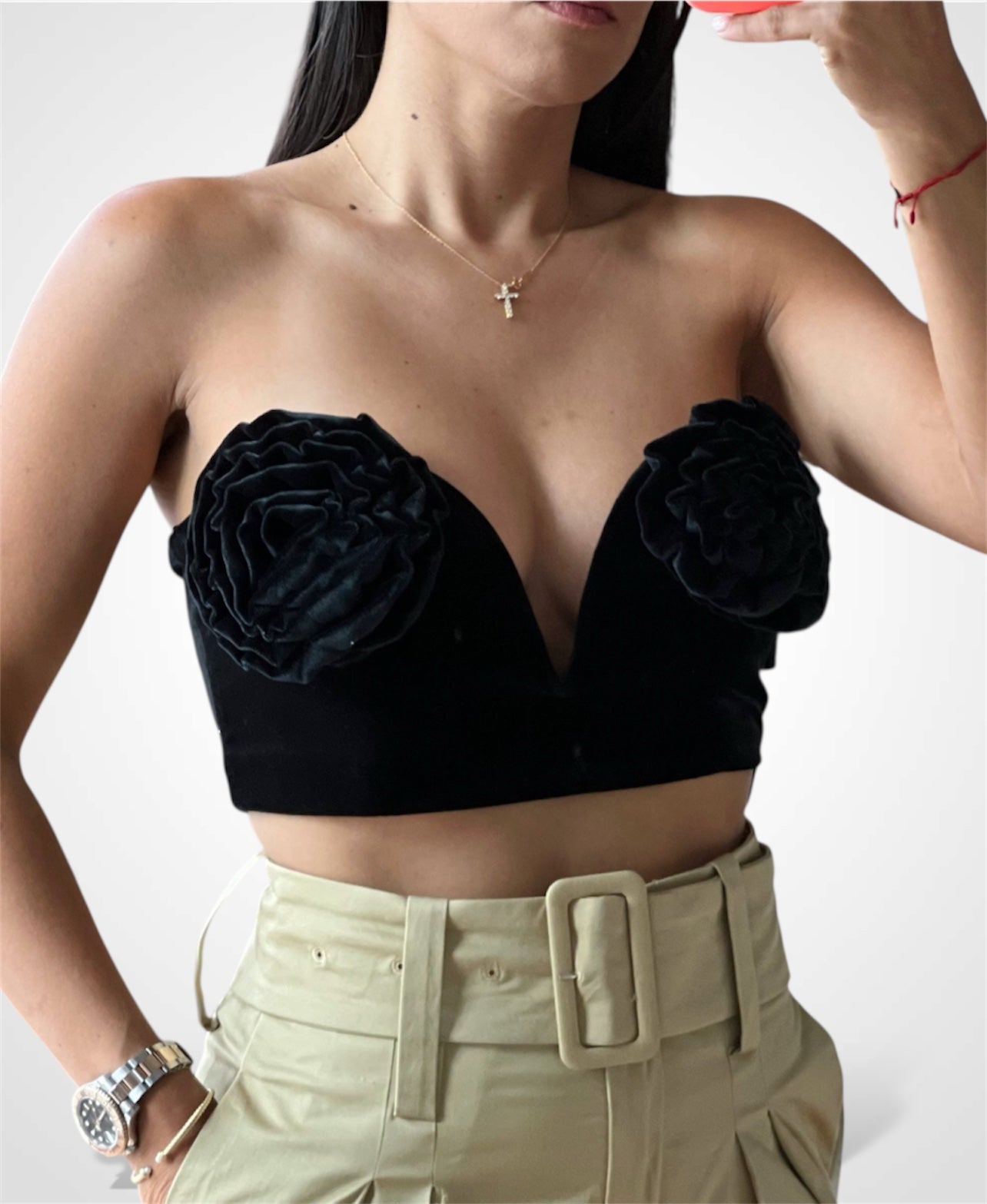 VELVET CROPPED TUBE TOP WITH ROSETTE TRIMS AT
BUST•-1