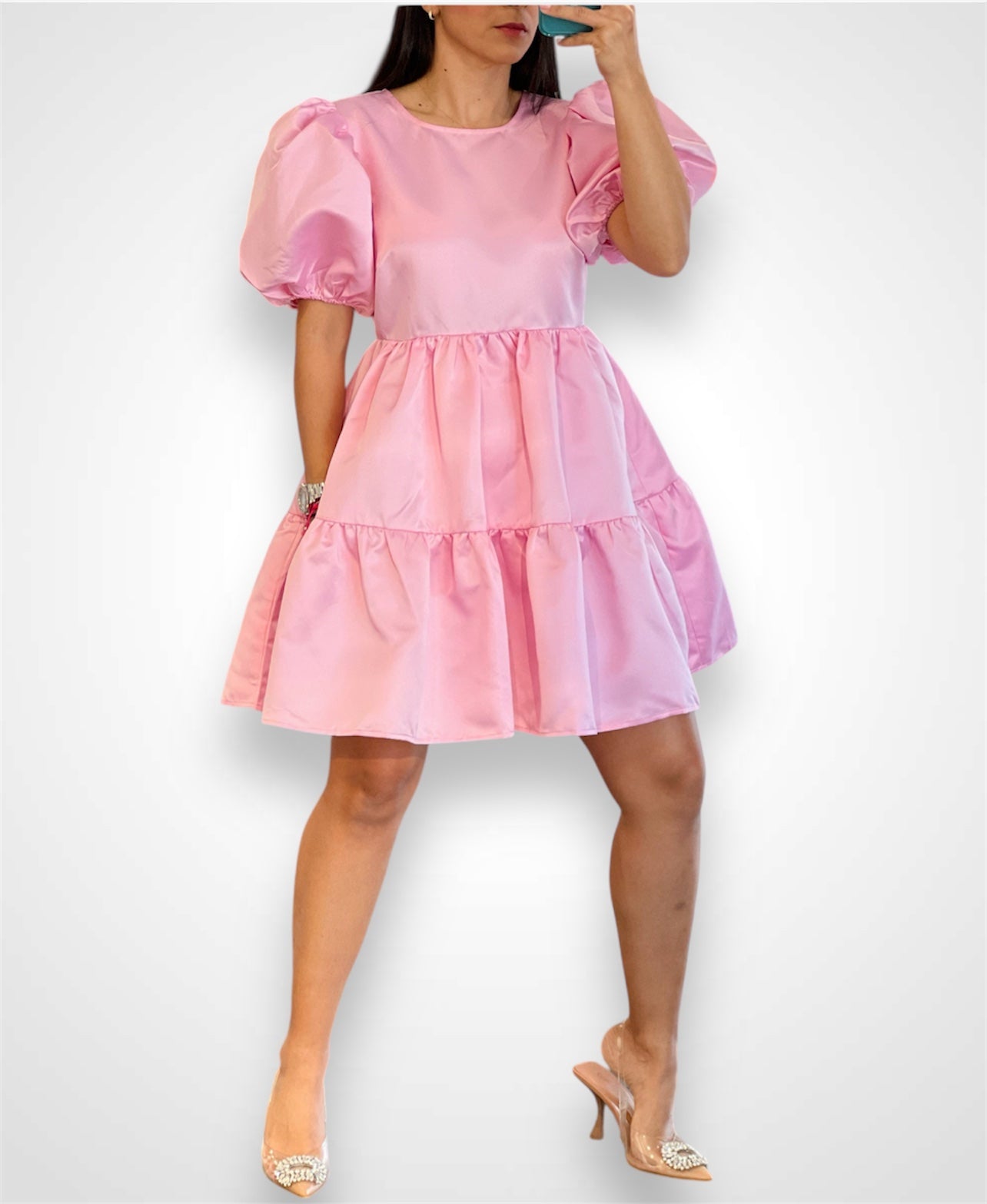 SATIN TIERED PUFF SLEEVE MINI DRESS