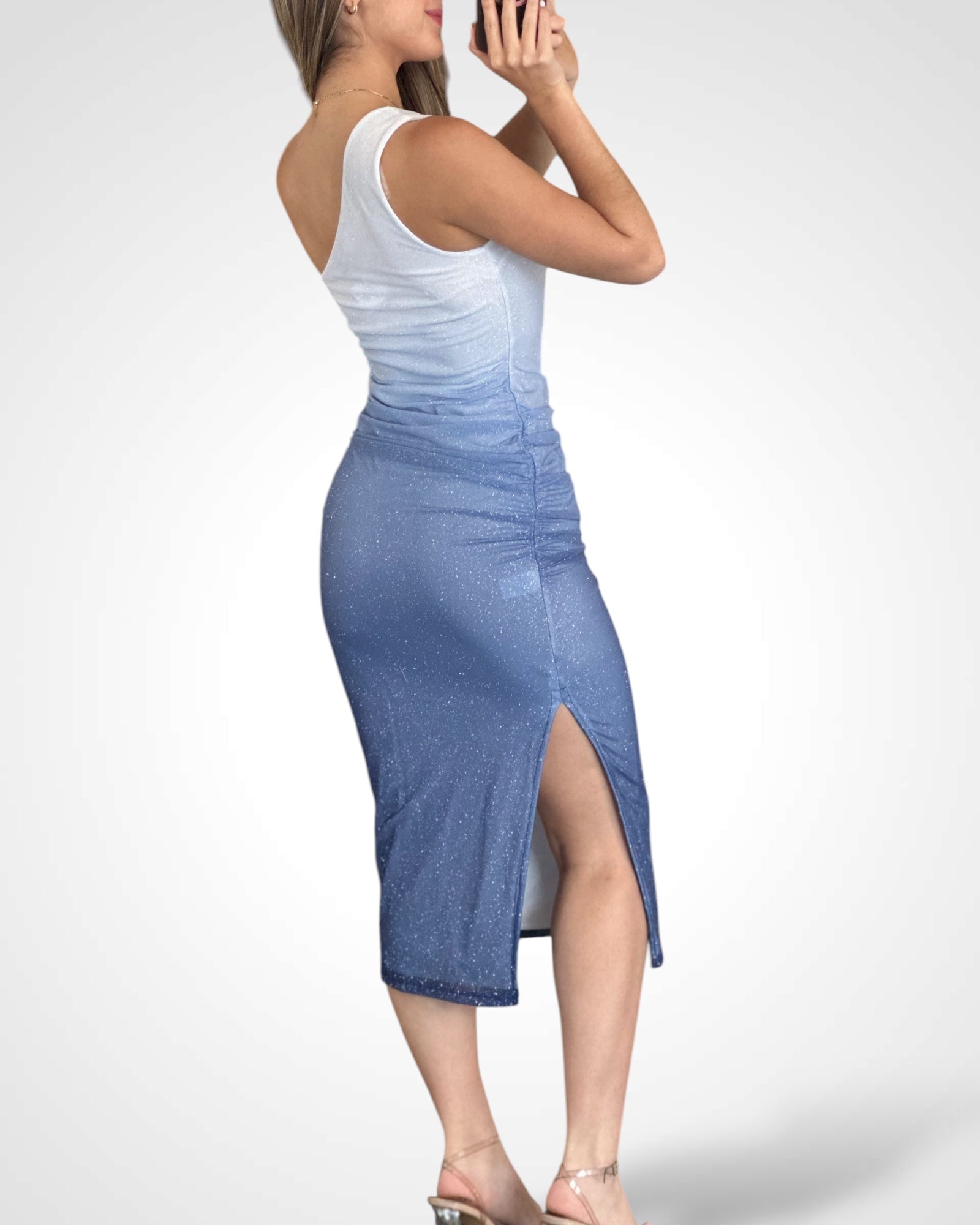 OMBRE GLITTER ONE SHOULDER MIDI DRESS