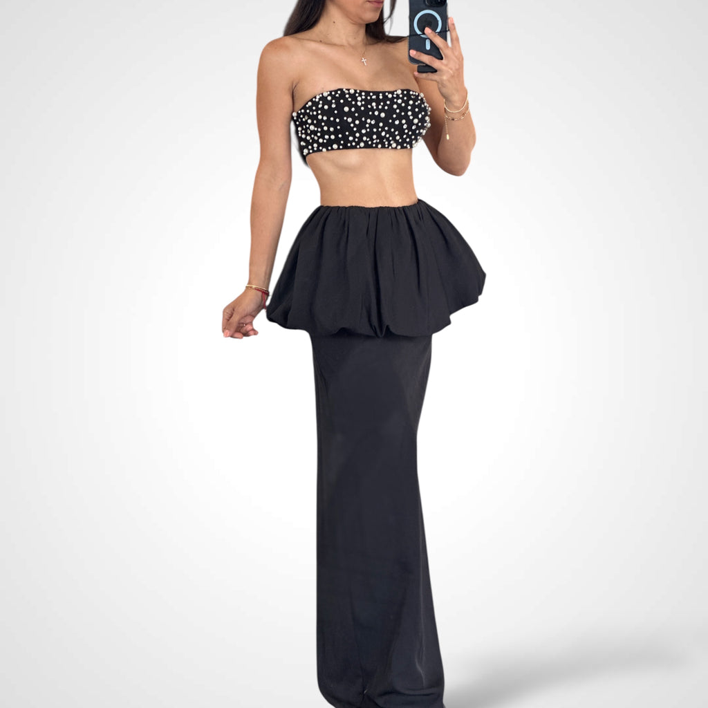 PEARL RHINESTONE BANDEAU TOP AND SKIRT SET