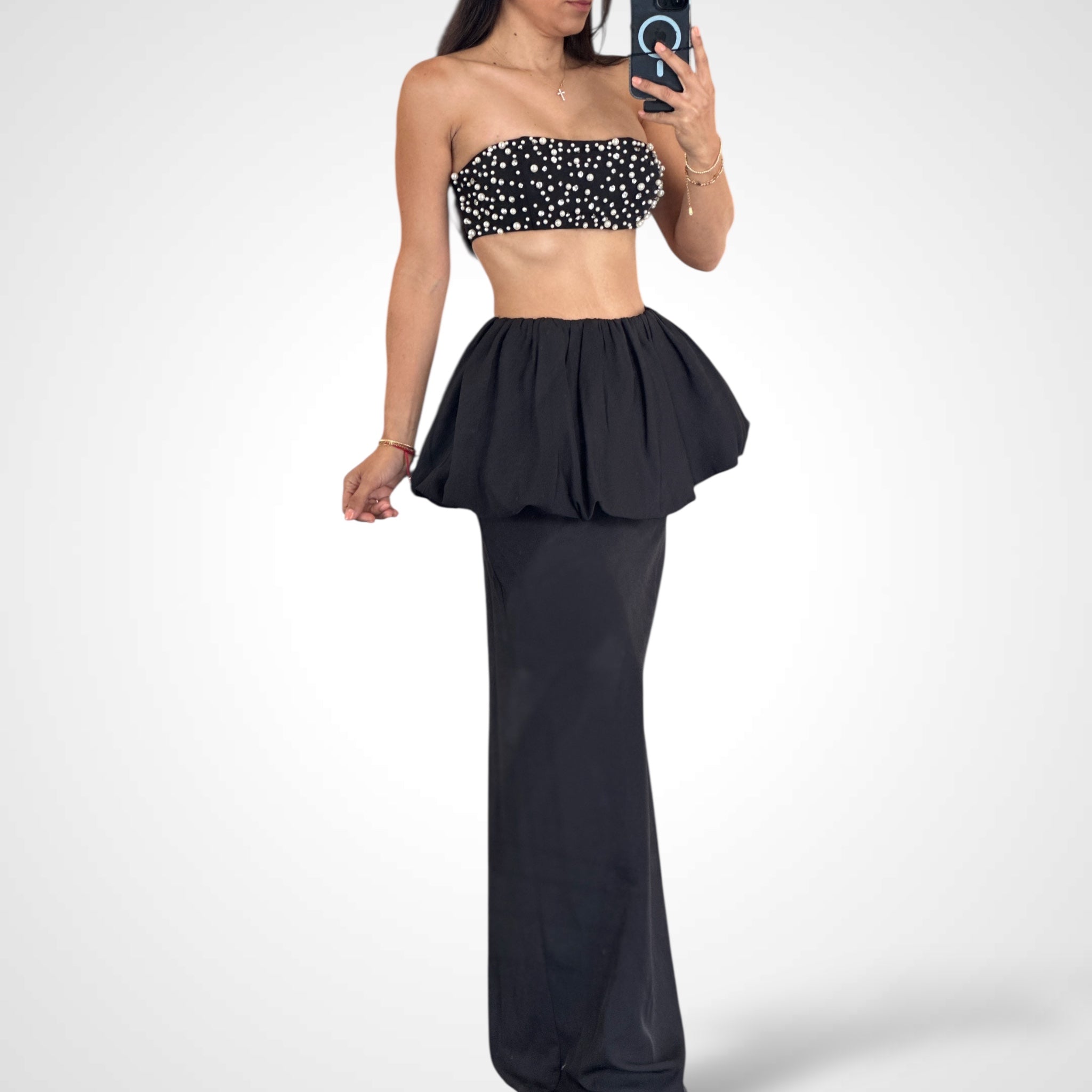 PEARL RHINESTONE BANDEAU TOP AND SKIRT SET•-1
