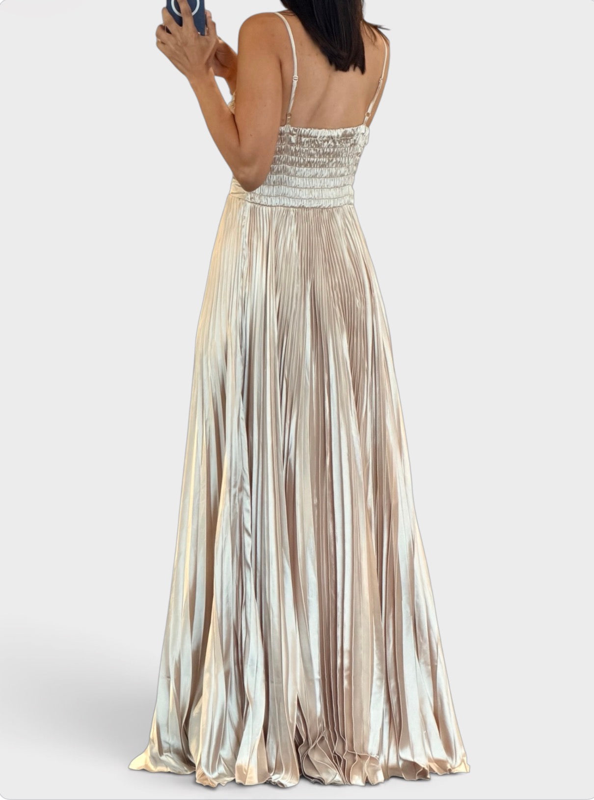 Champagne Thin Adjustable Strap Pleated Maxi Dress-2