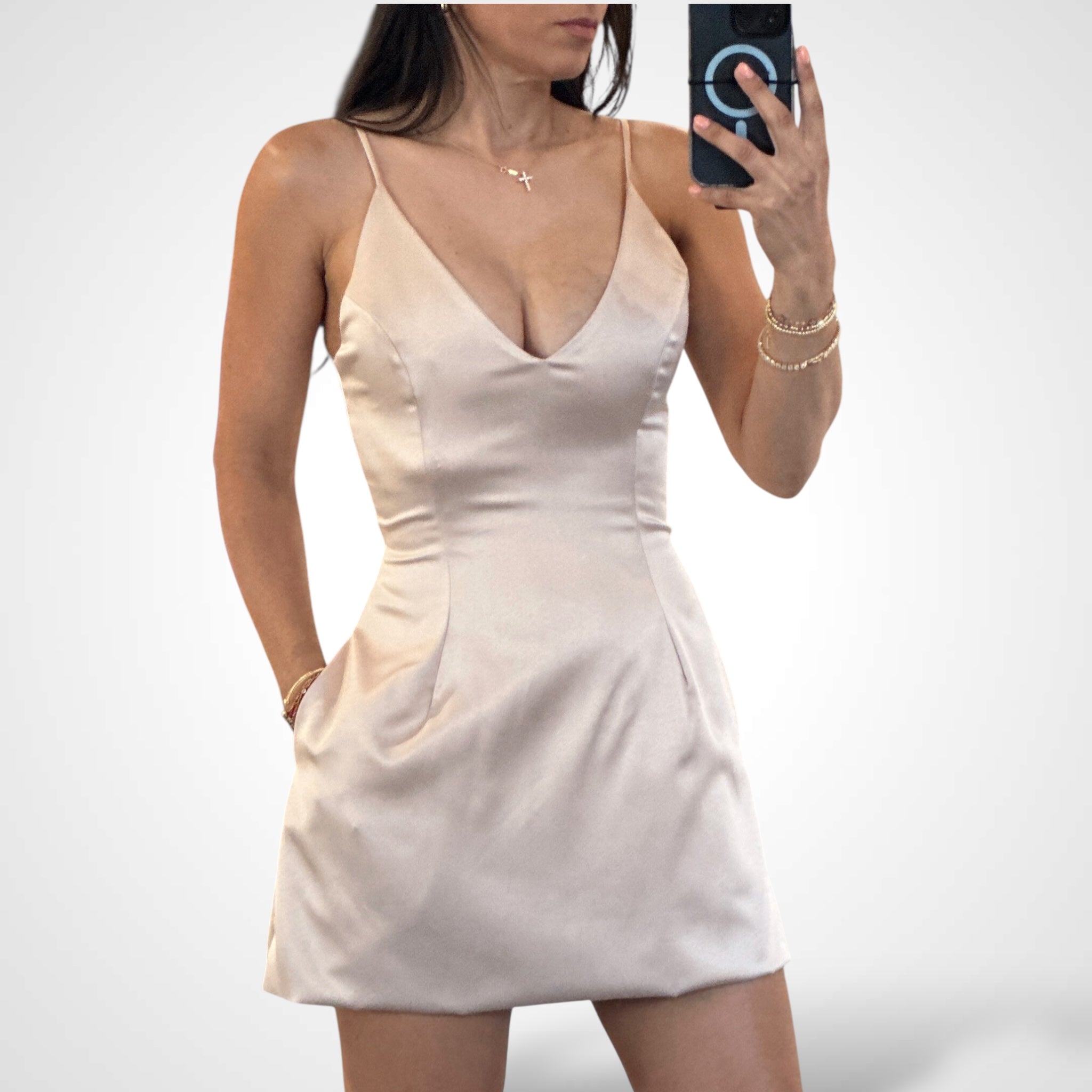Nude Selena Satin Dress with Pockets