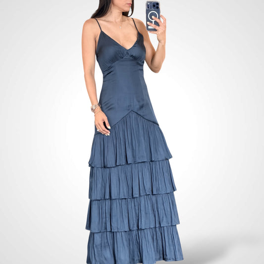 Blue Adjustable Spaghetti Strap Ruffle Tiered Dress