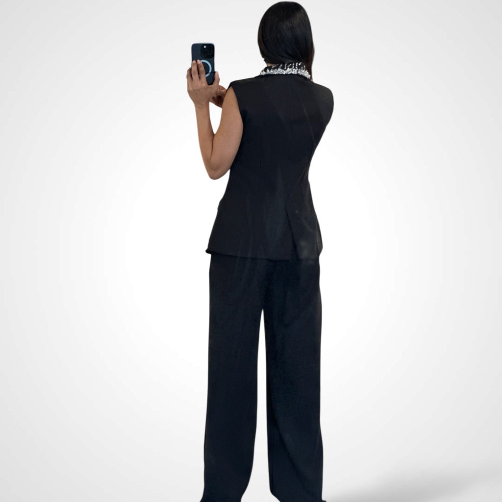 Solid Color Rhinestone Pants Set (BLACK)