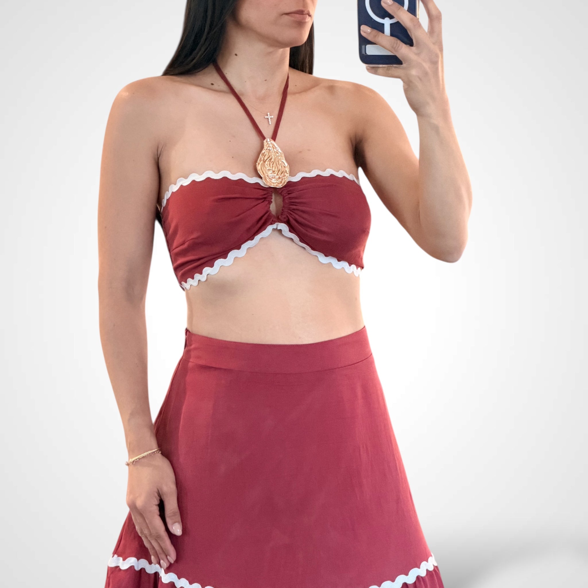 Brick Sleeveless Crop Top Elastic Waist Skirt Trim Set•-2