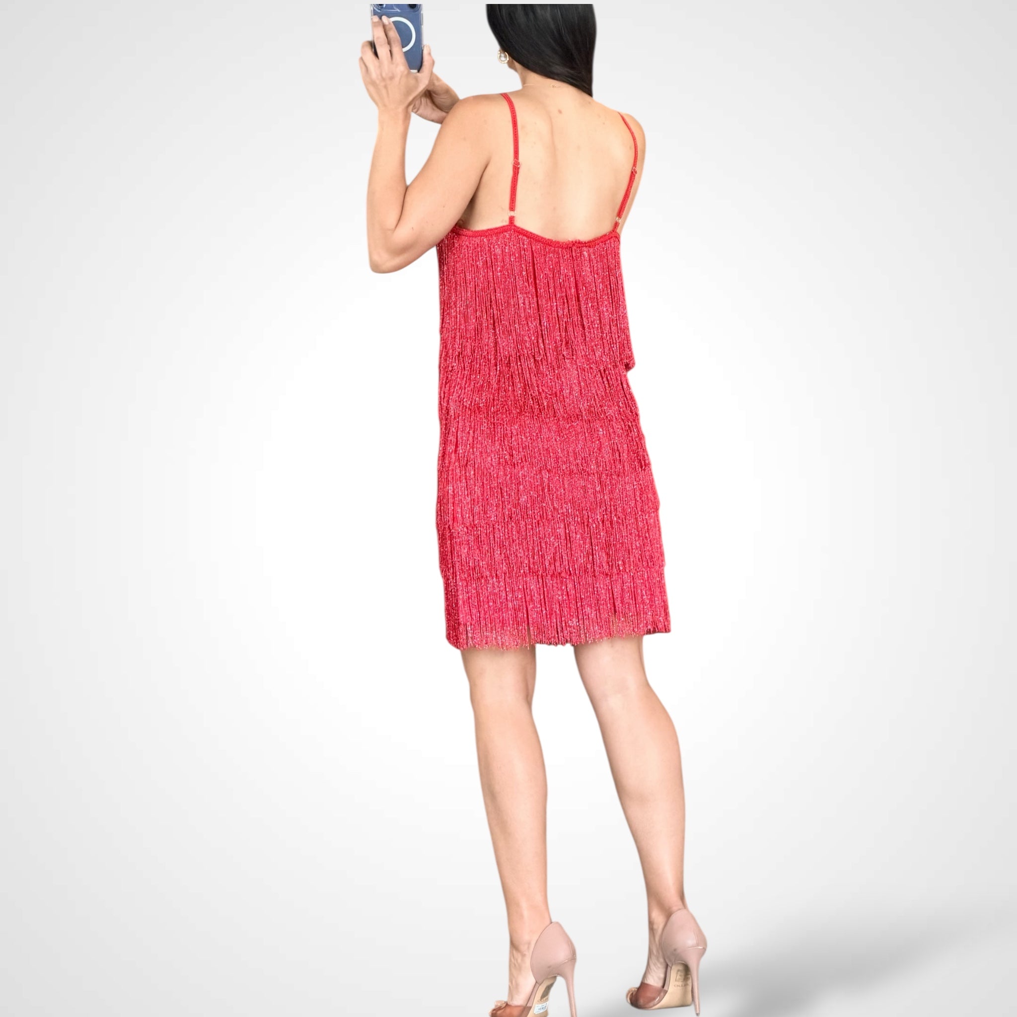 Glittery Fringe Tiered Halter Mini Dress•-3