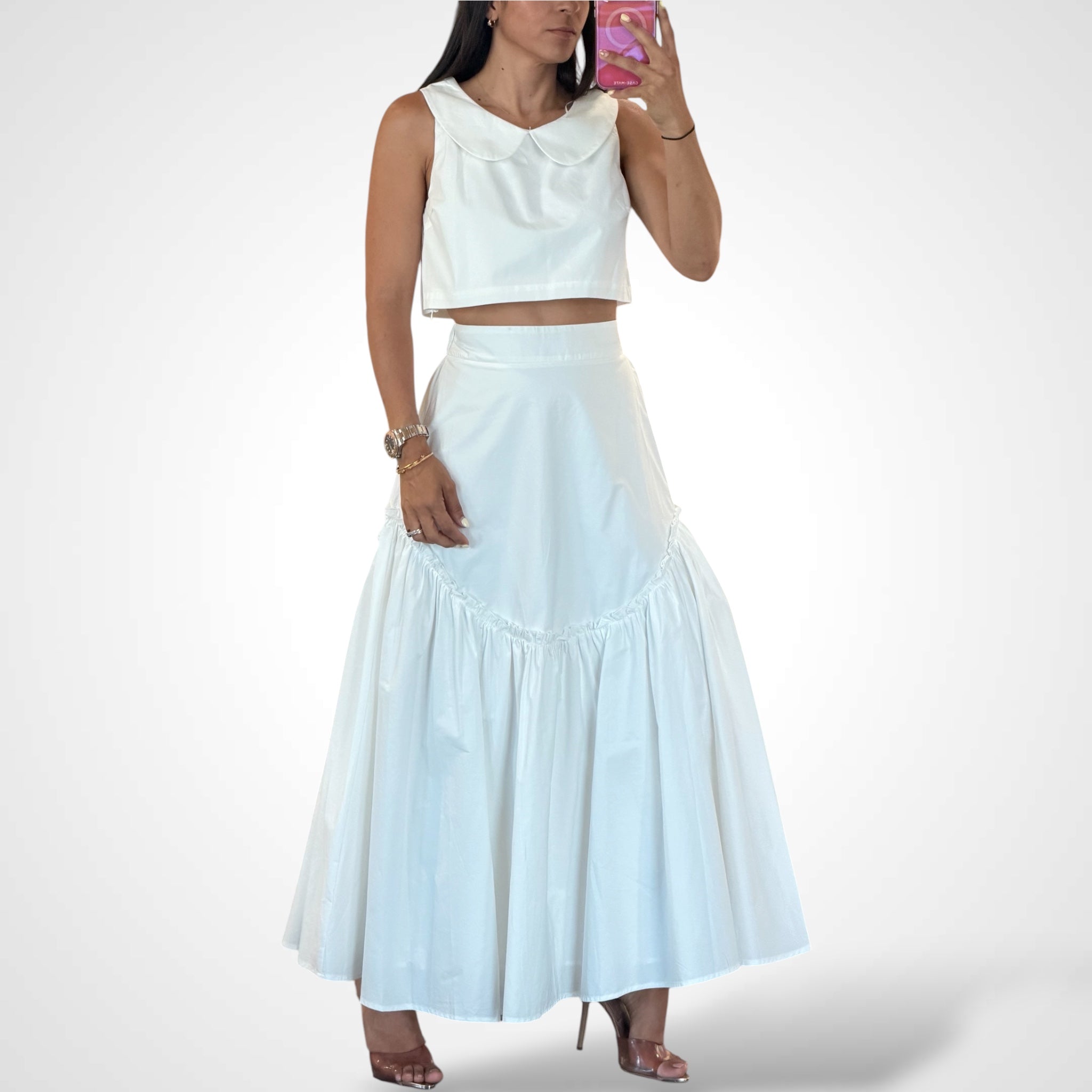 POPLIN COLLAR SLEEVELESS CROP TOP AND SKIRT SET