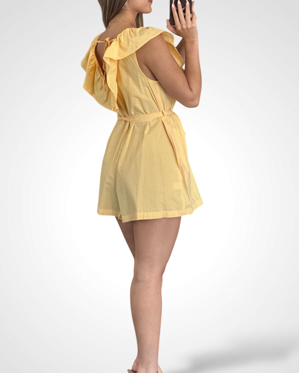 RUFFLE DETAIL BACK TIE ROMPER W/ WAIST TIE