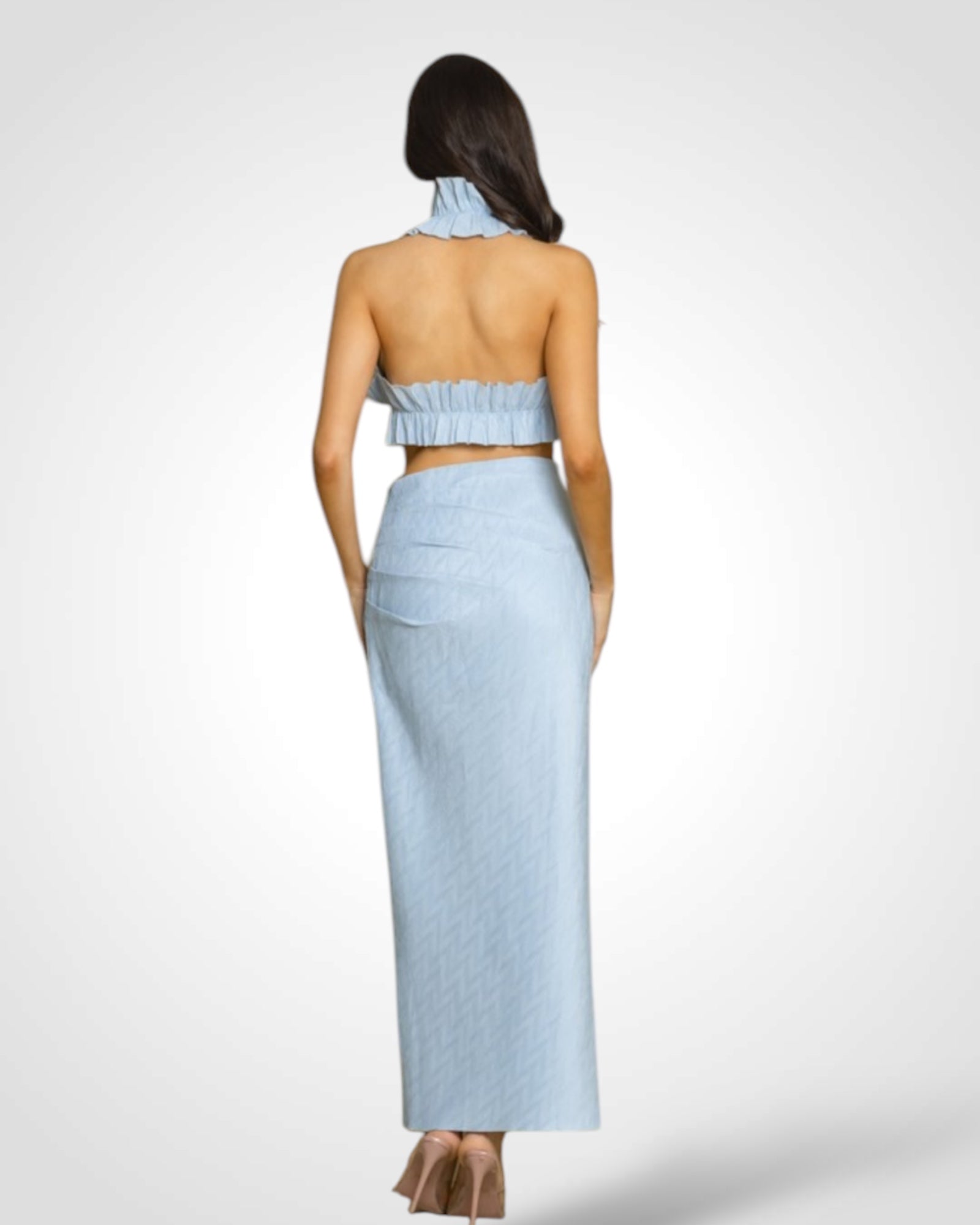 Pleated Halter Crop Top Maxi Skirt Set•-2