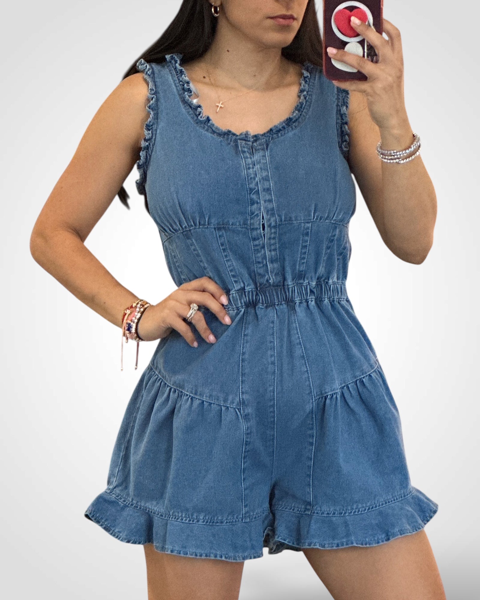 Denim Ruffle Trim Detail Romper