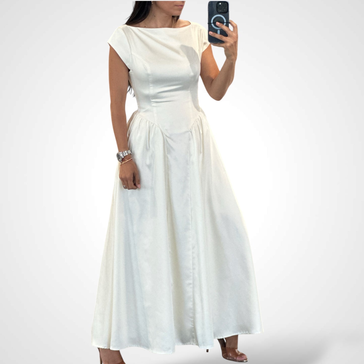 SATIN BOAT NECKLINE MIDI DRESS