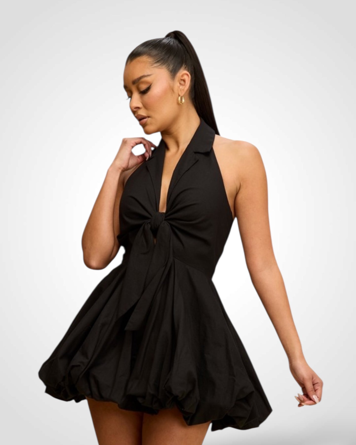 Linen Blend Tie Bubble Hem Dress
