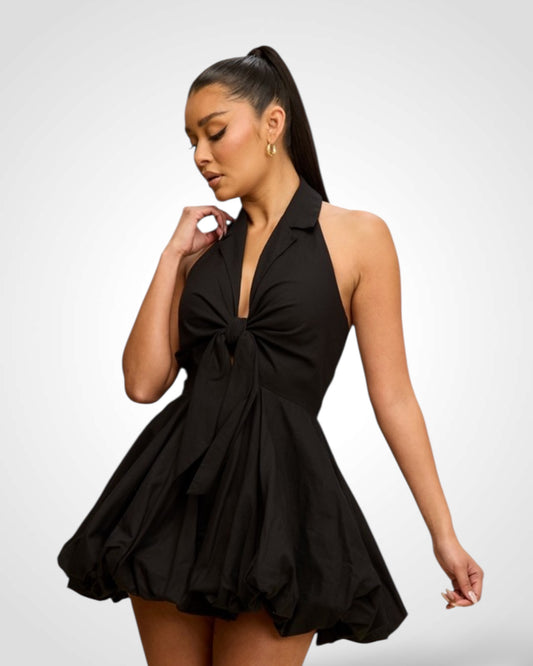 Linen Blend Tie Bubble Hem Dress