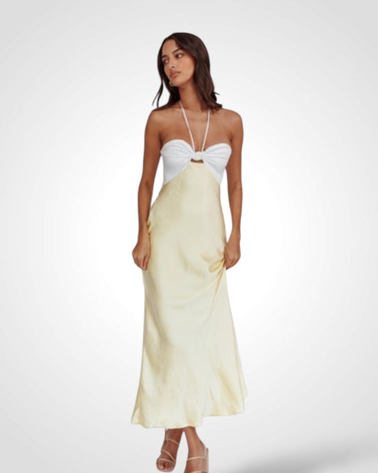 HALTERNECK TWO TONE FRONT CUTOUT MAXI DRESS