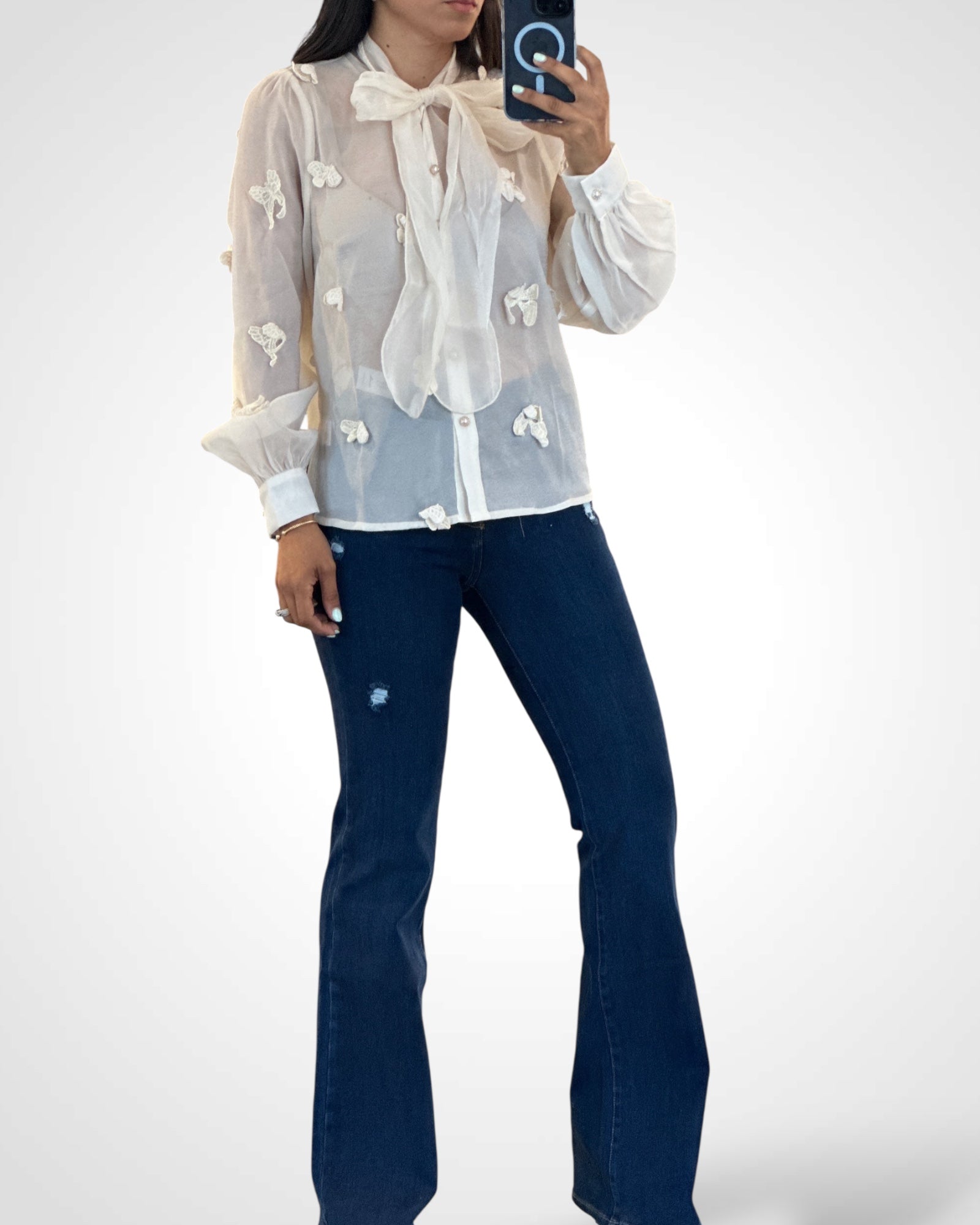 SHEER EMBROIDERED BUTTERFLY BOW TIE BLOUSE