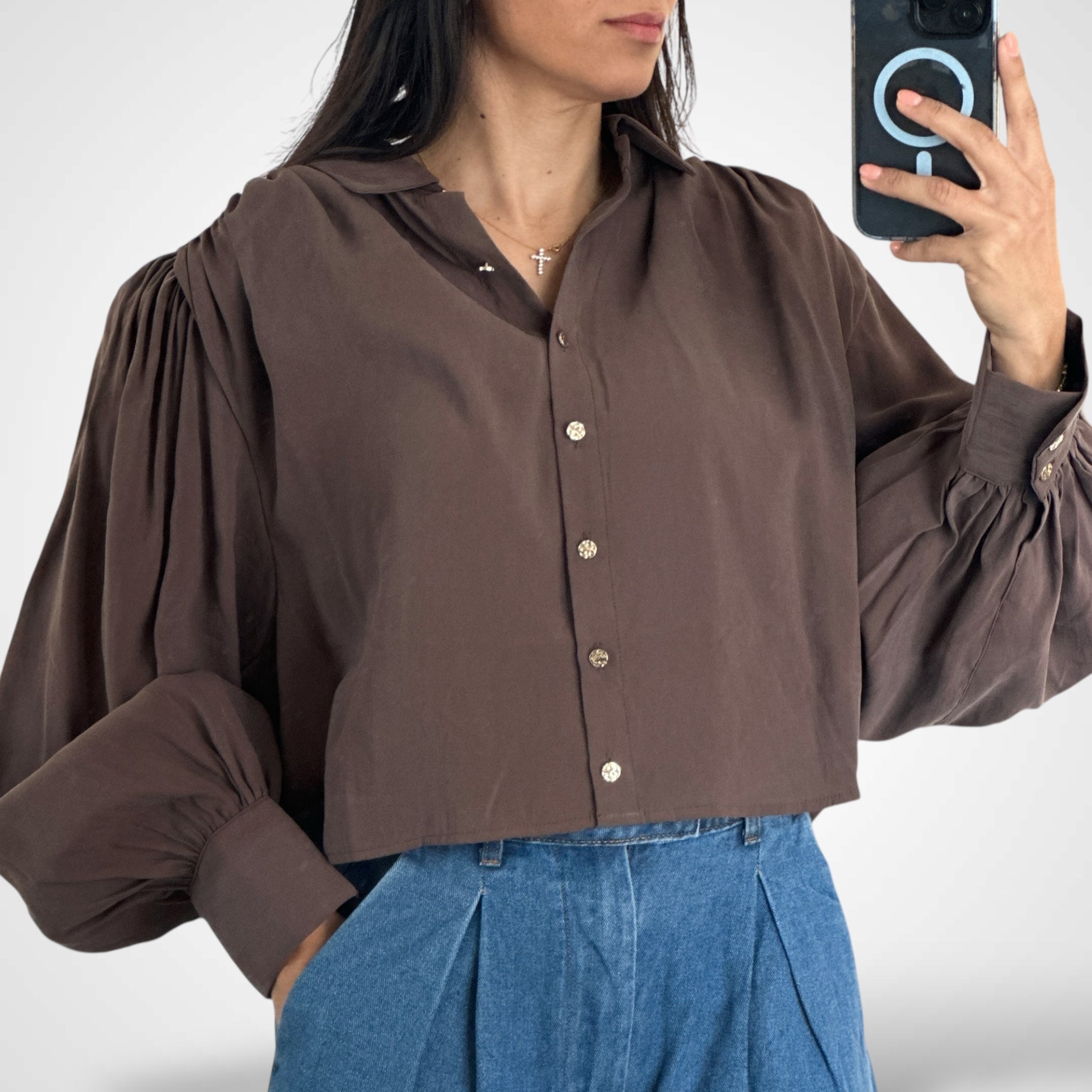 CHOCOLATE GATHERED DETAIL SHIRT