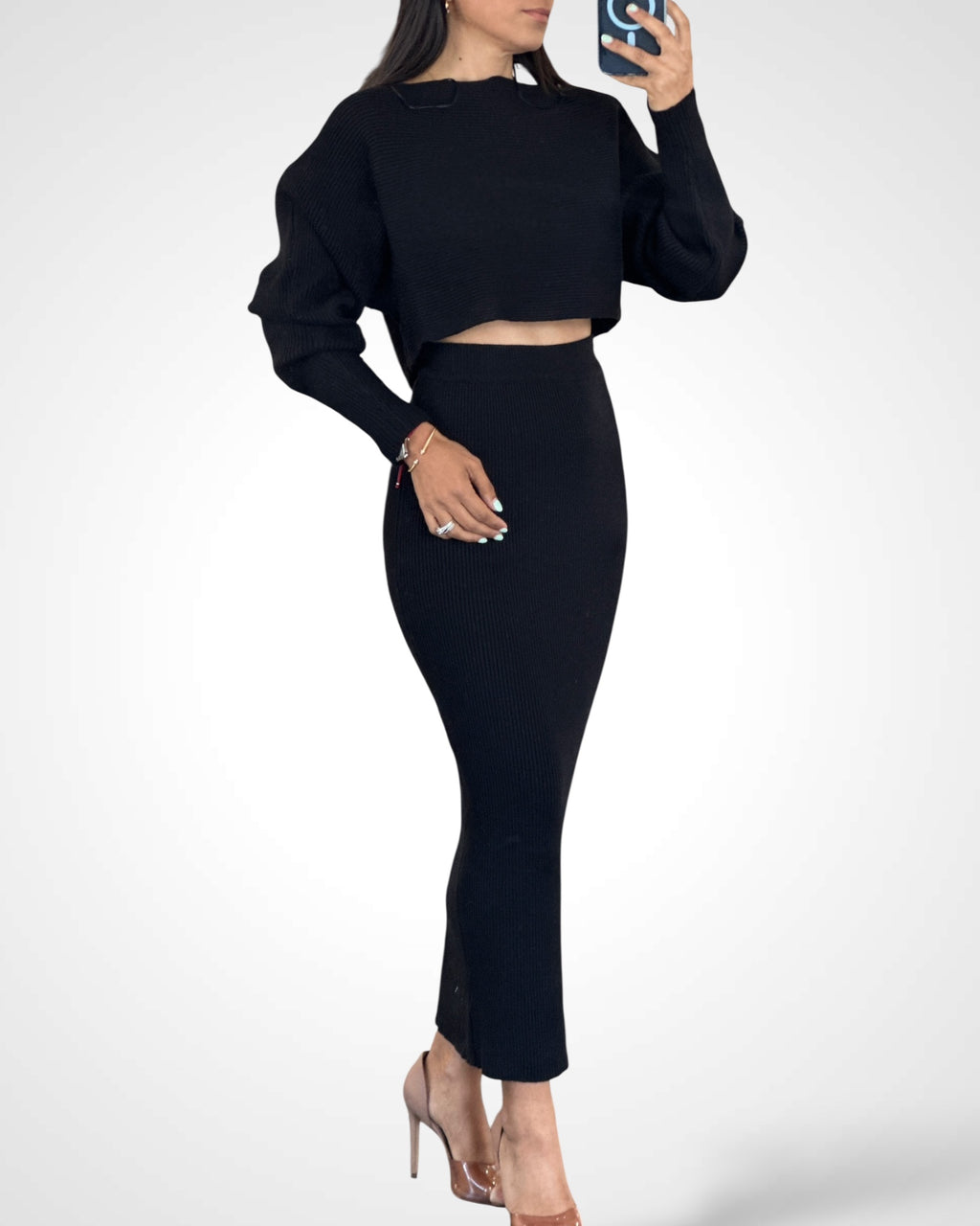 CROP KNIT TOP AND MIDI SKIRT SET