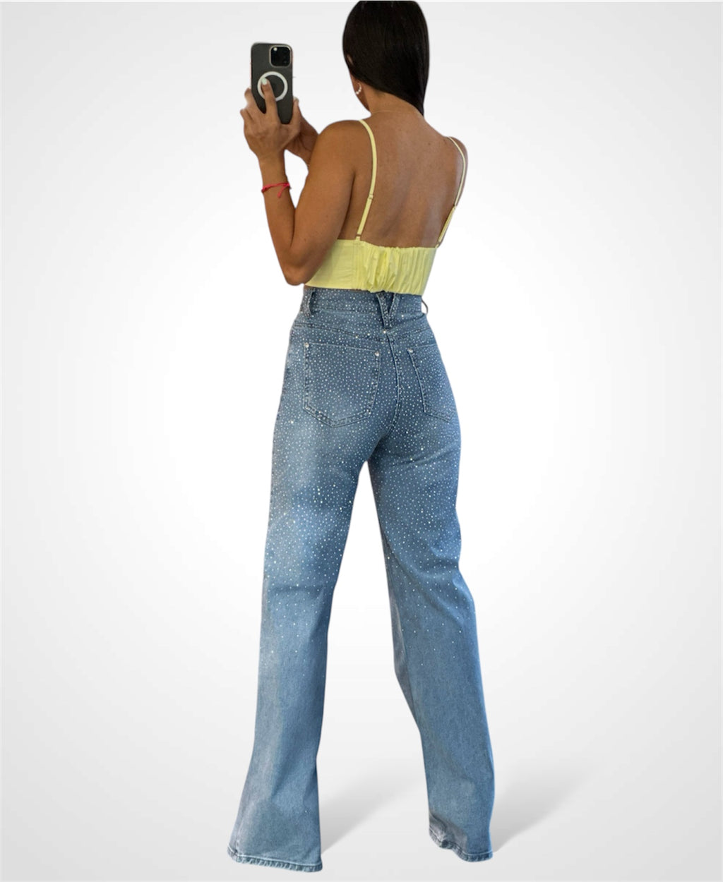 IRIDESCENT RHINESTONE HIGH-RISE WIDE LEG JEANS