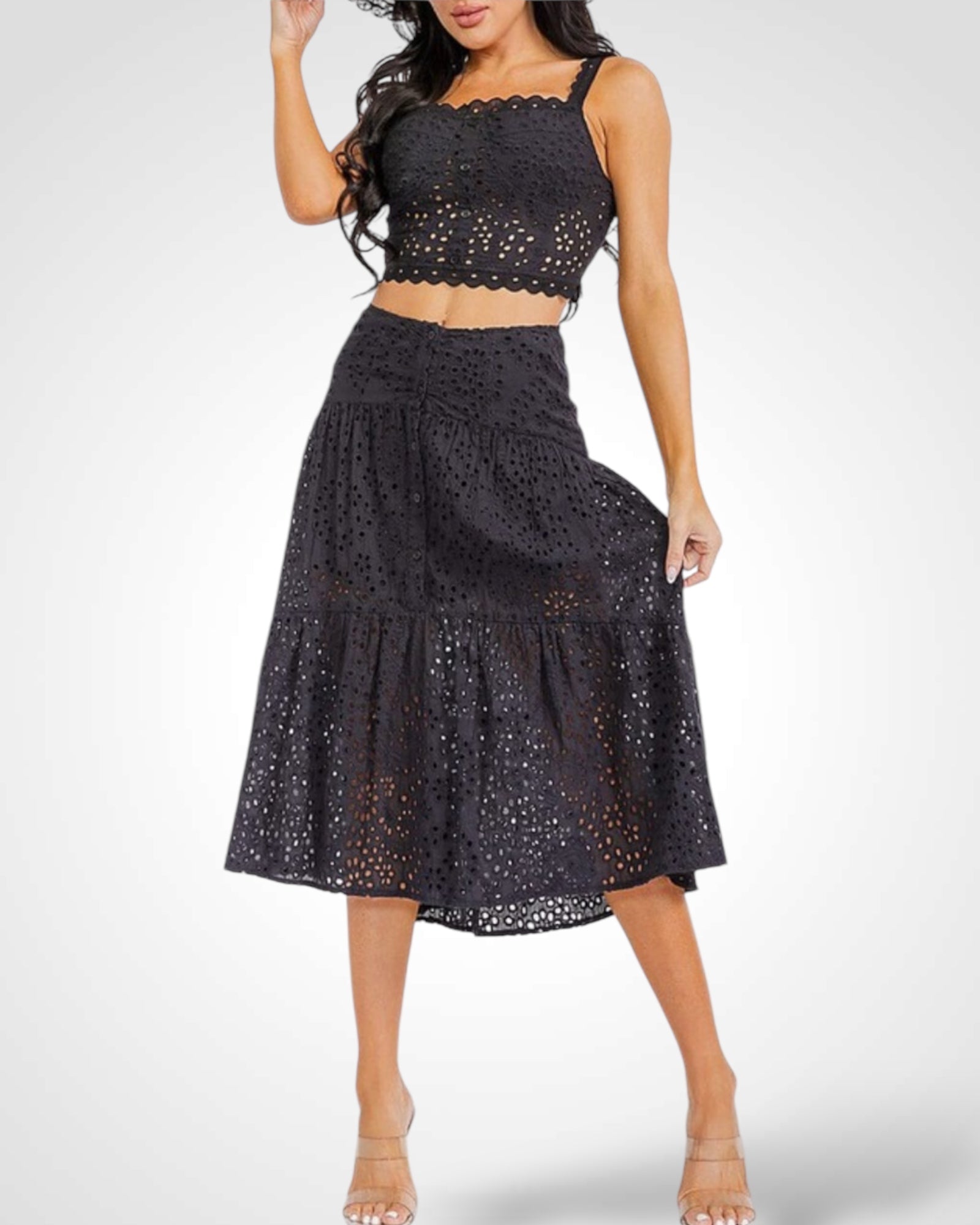 SLEEVELES CROP TOP & MAXI SKIRT EYELET 2PC. SET