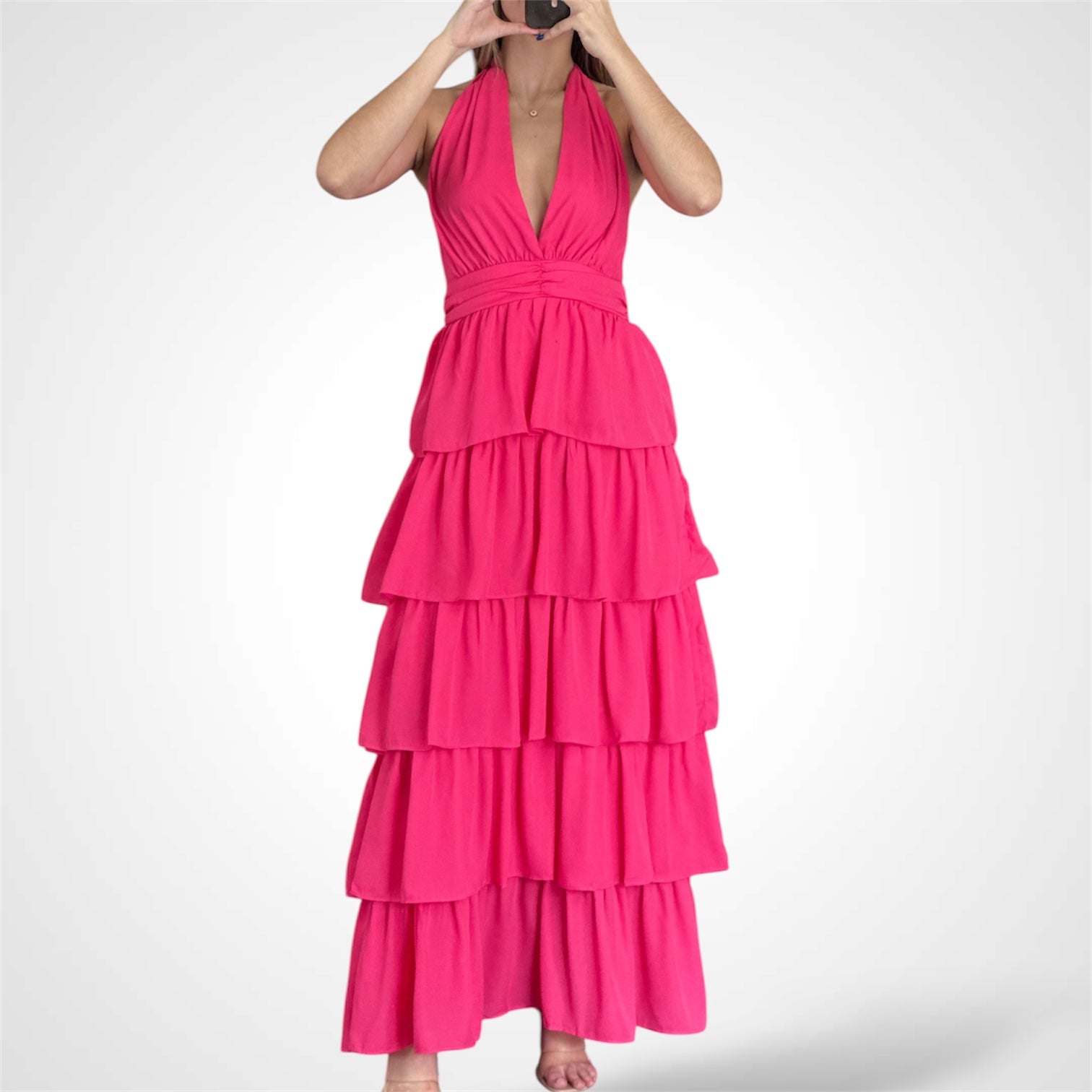 SLEEVELESS V-NECK OPEN BACK RUFFLE TIERED DRESS•
