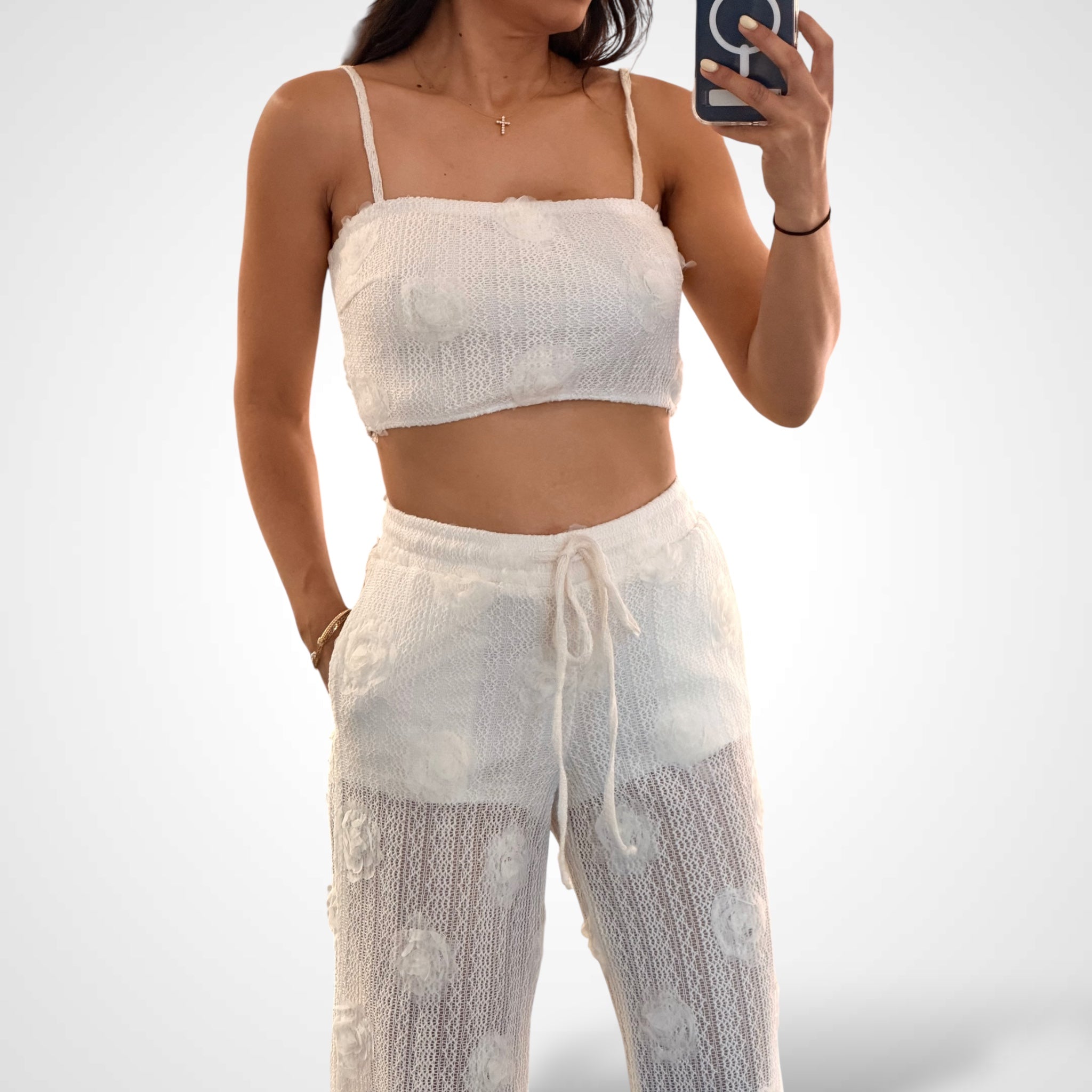 Crop Top Elastic Waist Pants Flower Lace Set•-2