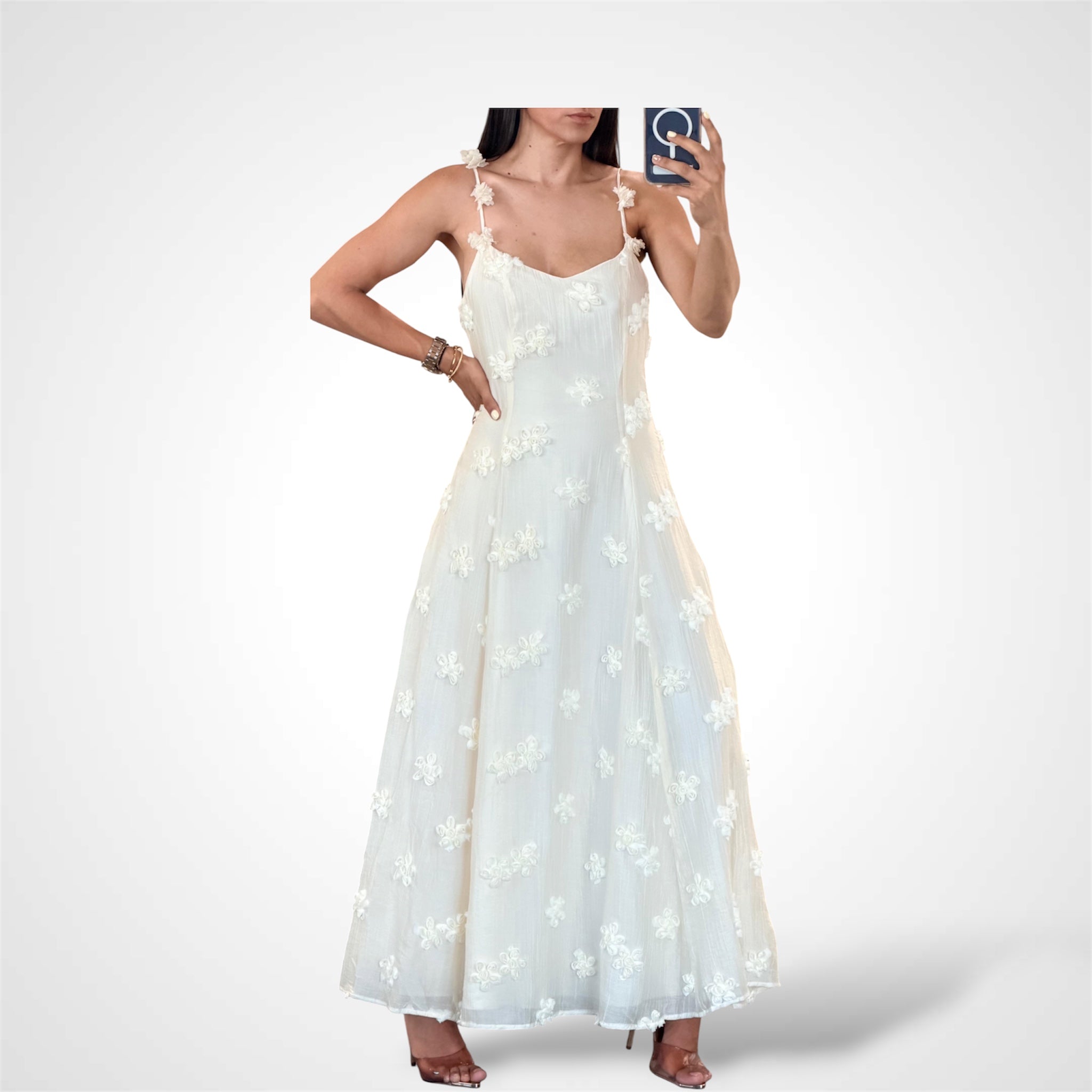 Applique V Neck Trim Midi Dress