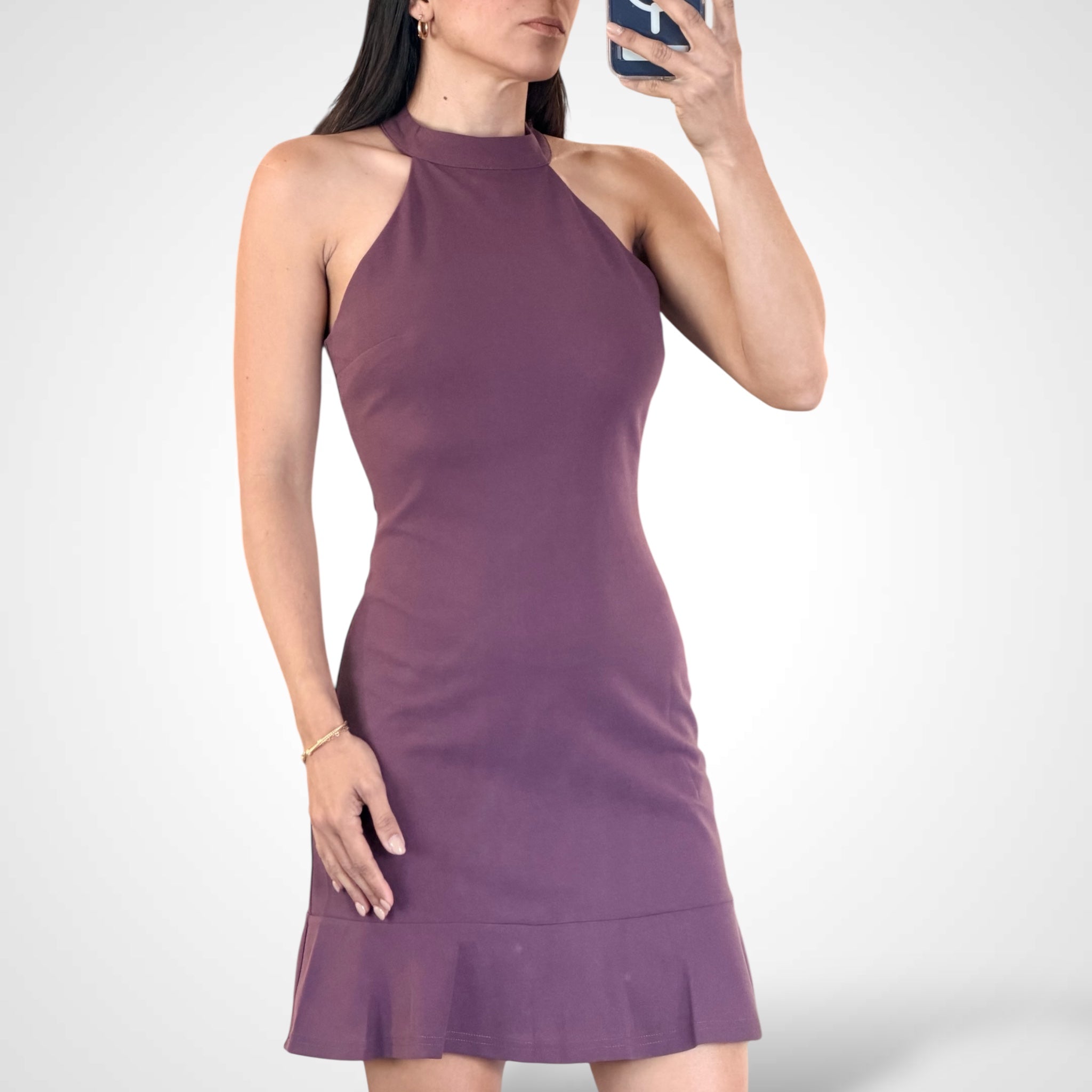 Mock Neck Sleeveless Curved Ruffle Knit Mini Dress•