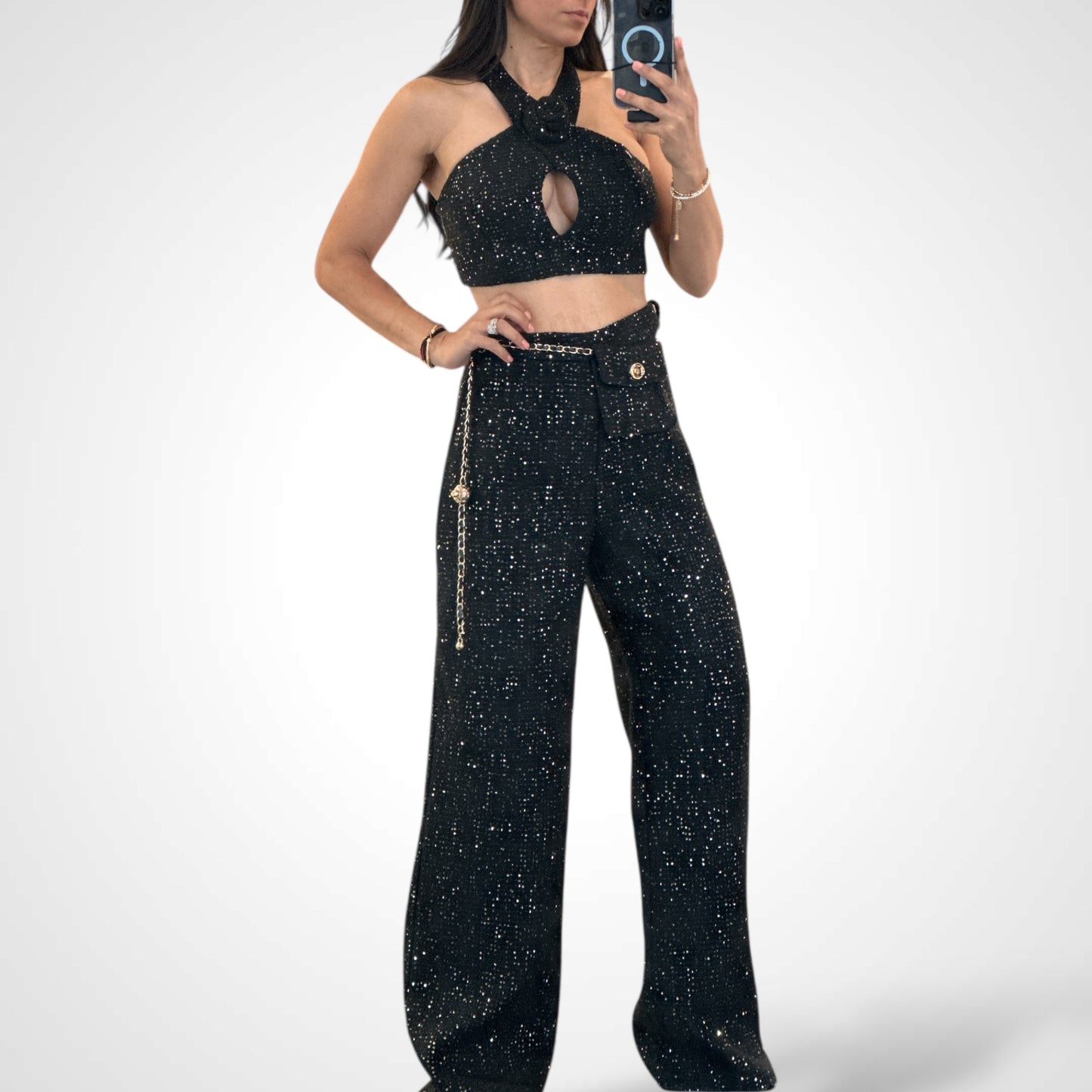 SEQUINS TWEED PANTS SET