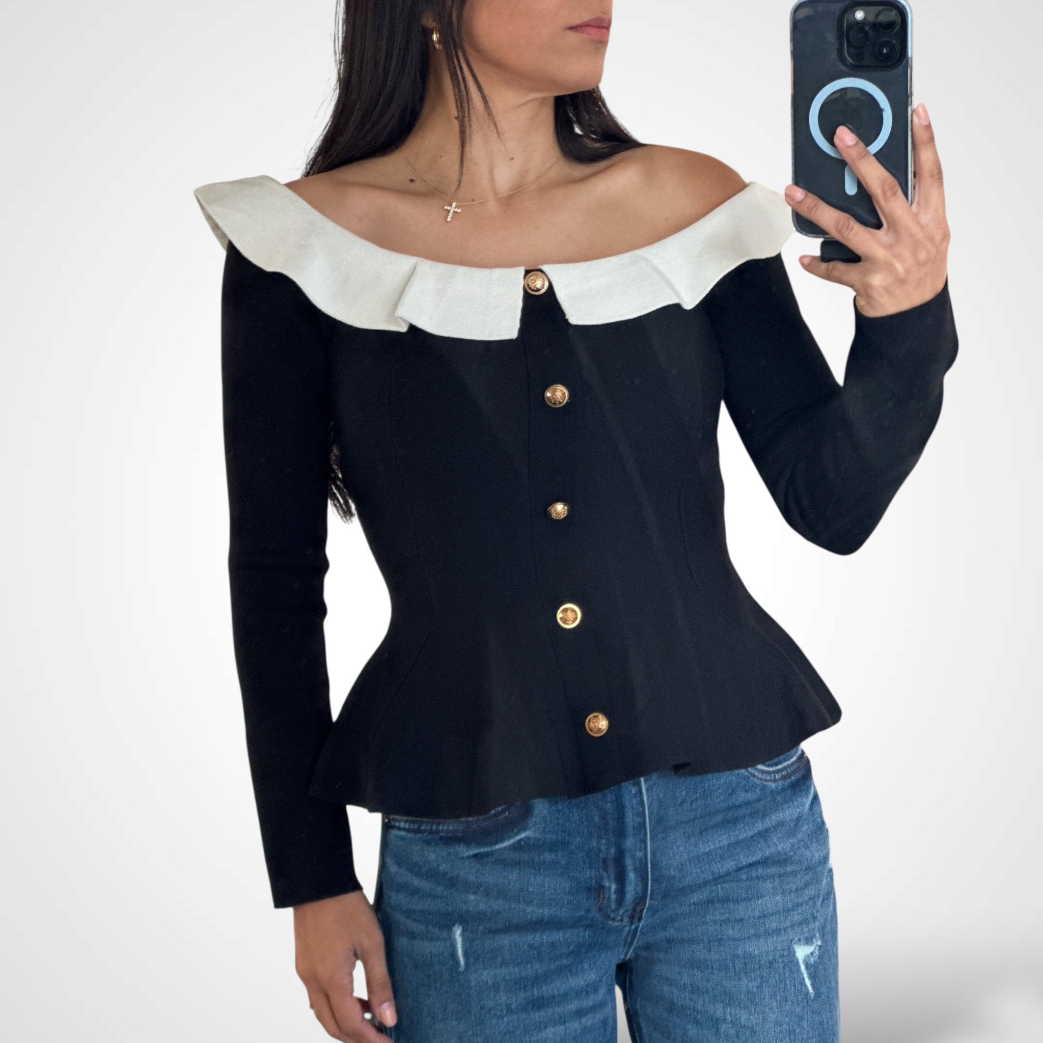 BLACK OFF SHOULDER KNIT TOP