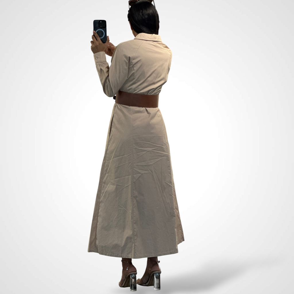 LT.BEIGE LONG SLEEVES SHIRT DRESS WITH FAUX LEATHER WAIST BELT
