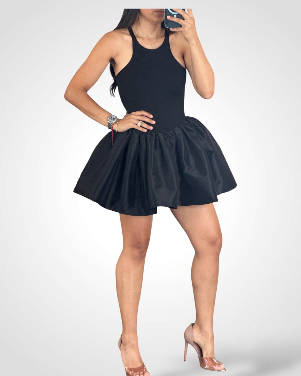 Solid Color Matte-shiny Fit&flare Mini Dress