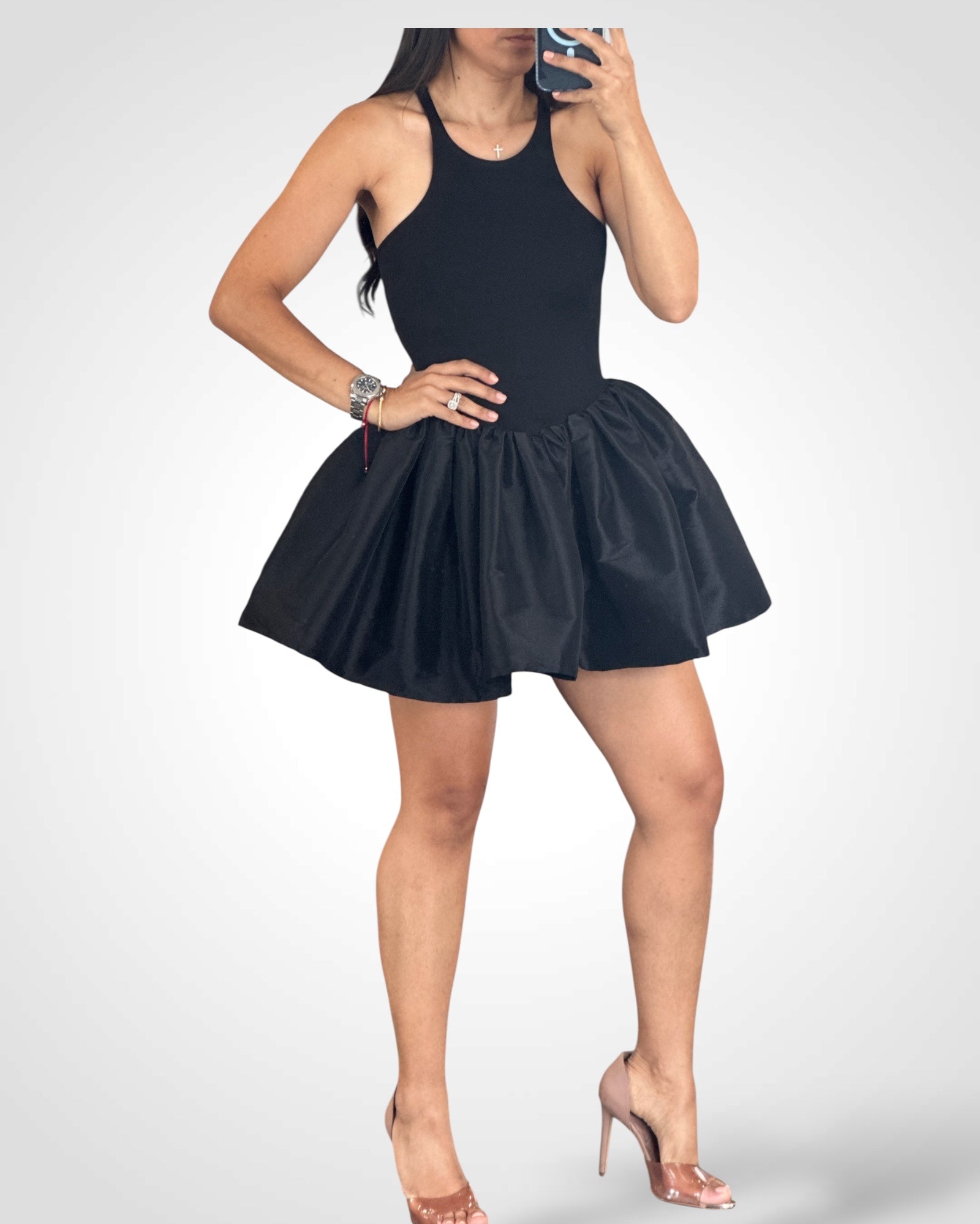 Solid Color Matte-shiny Fit&flare Mini Dress-2