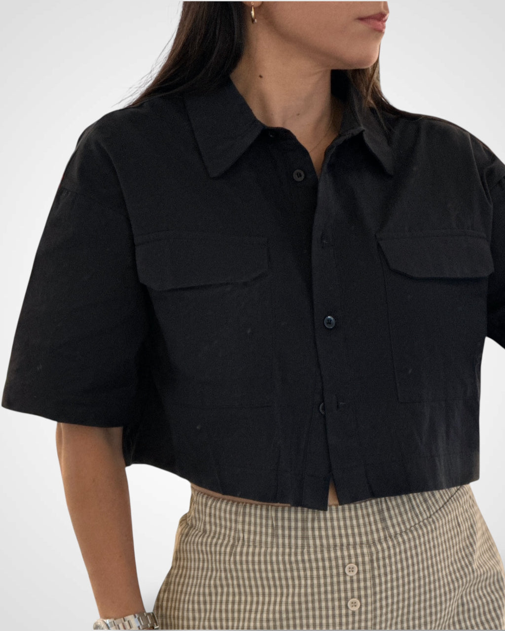 COTTON COLLARED SHORT SLEEVES BUTTON UP CROP TOP