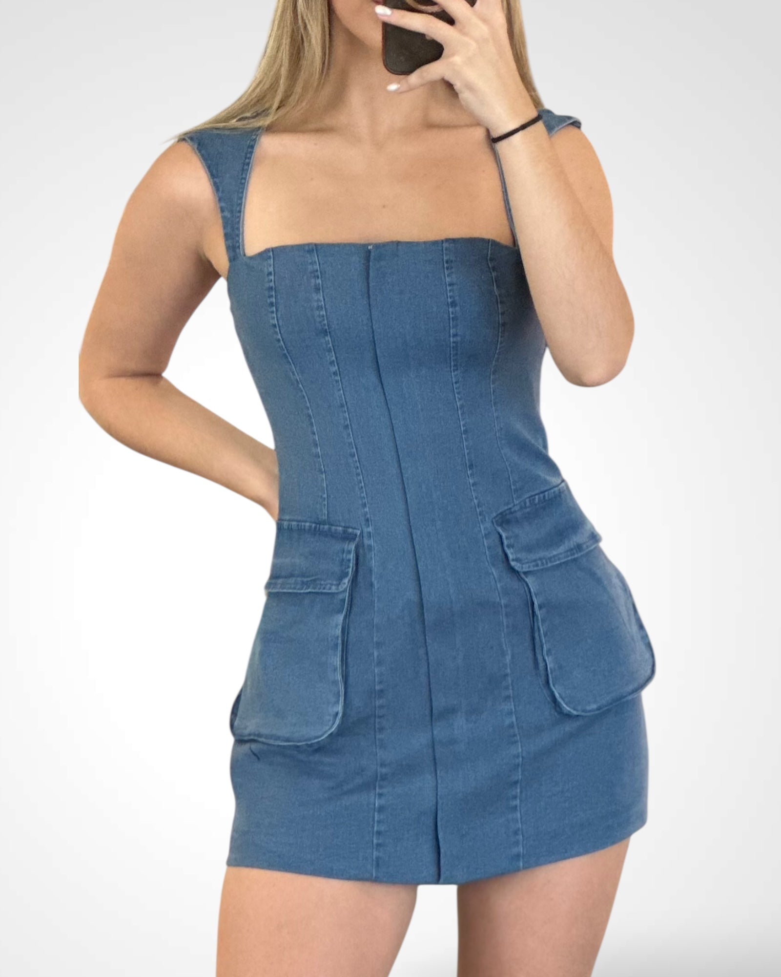 Casual Denim Wide Strap Open Back Tie Mini Dress•