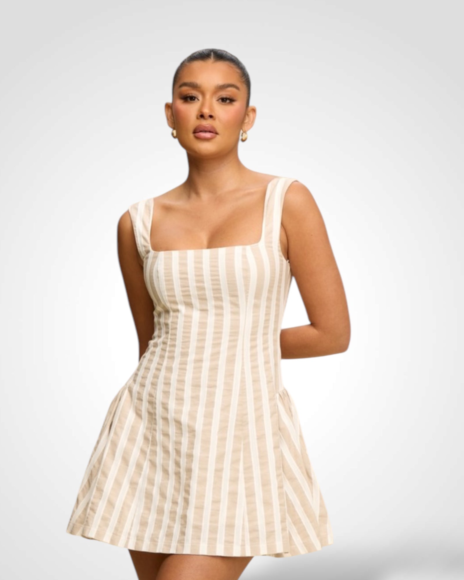 TAUPE TEXTURED STRIPE FLARE DRESS
