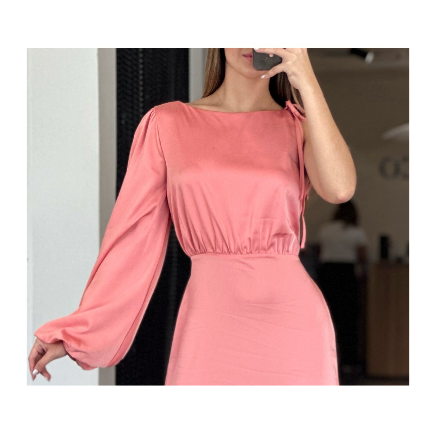 ONE SLEEVE TIE NECK FLARED SATIN MAXI DRESS