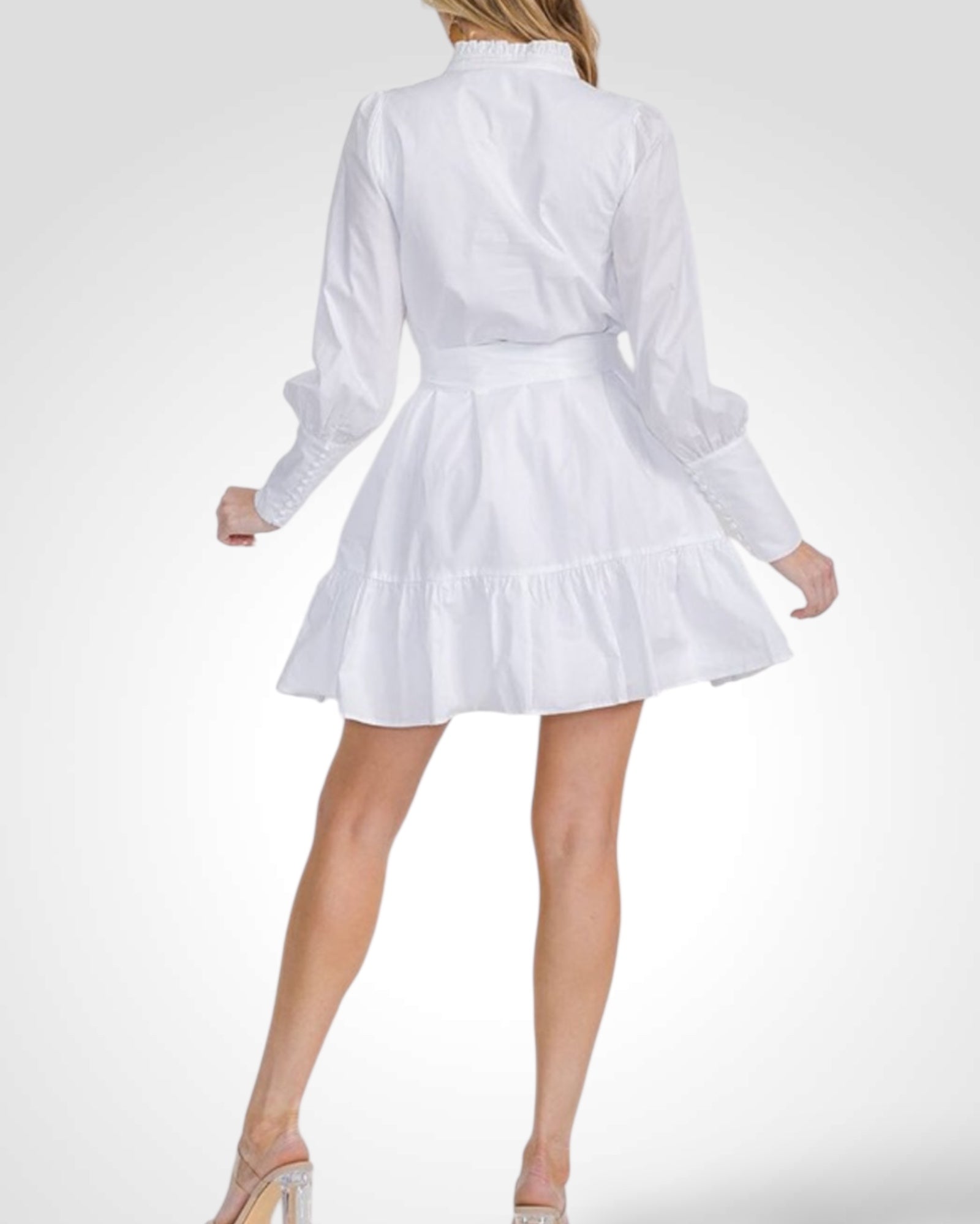 Button Up Self Tie Pockets Tiered Mini Dress