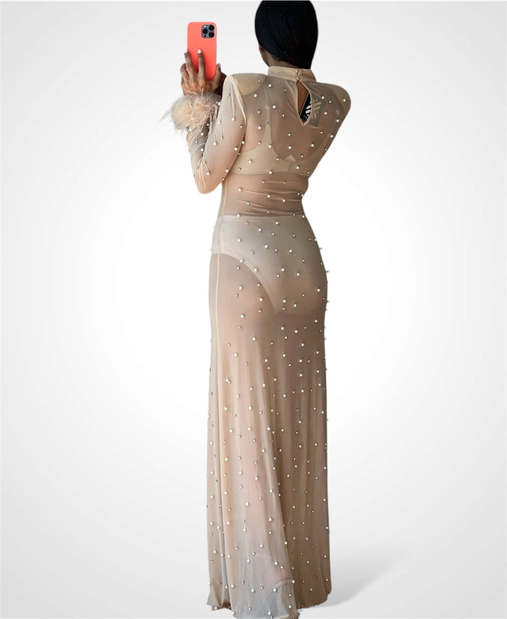 SHEER MESH PEARL & RHINESTONE MAXI DRESS