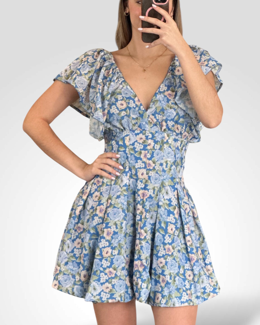 FLORAL FLUTTER SLEEVE PLEATED WAIST MINI DRESS