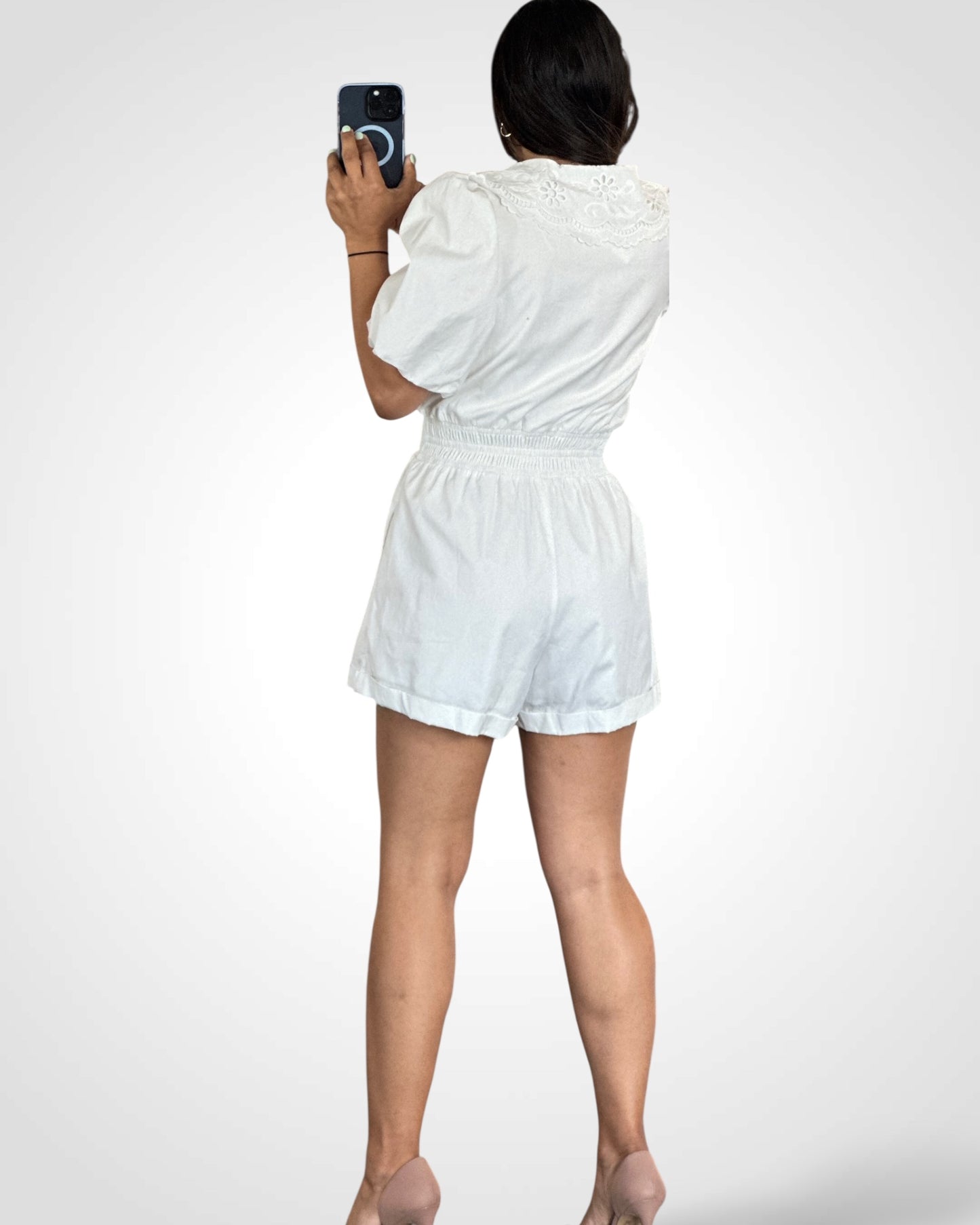 PUFF SLEEVE EMBROIDERY COLLARED BUTTON ROMPER