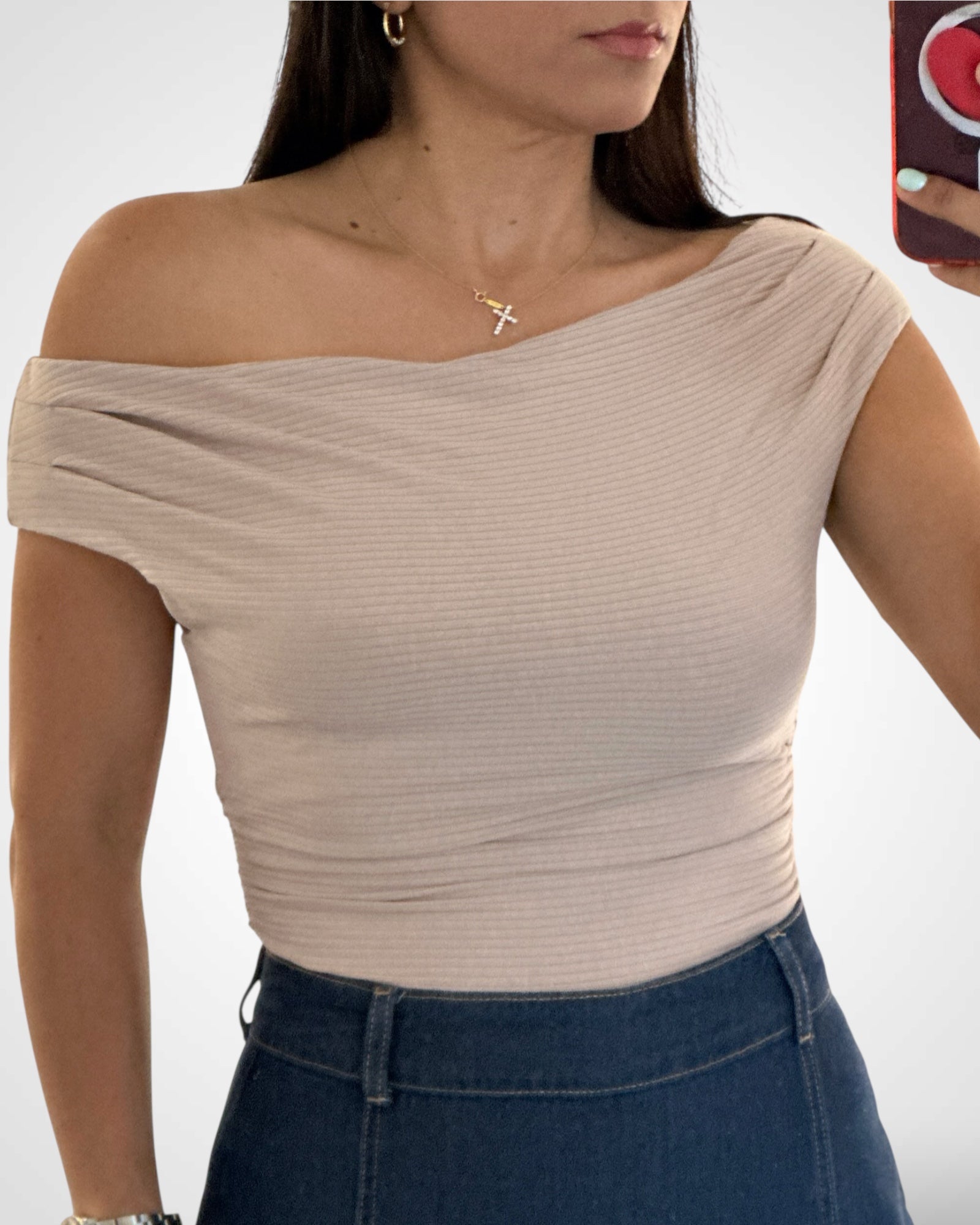 OFF SHOULDER RIB KNIT TOP•-1
