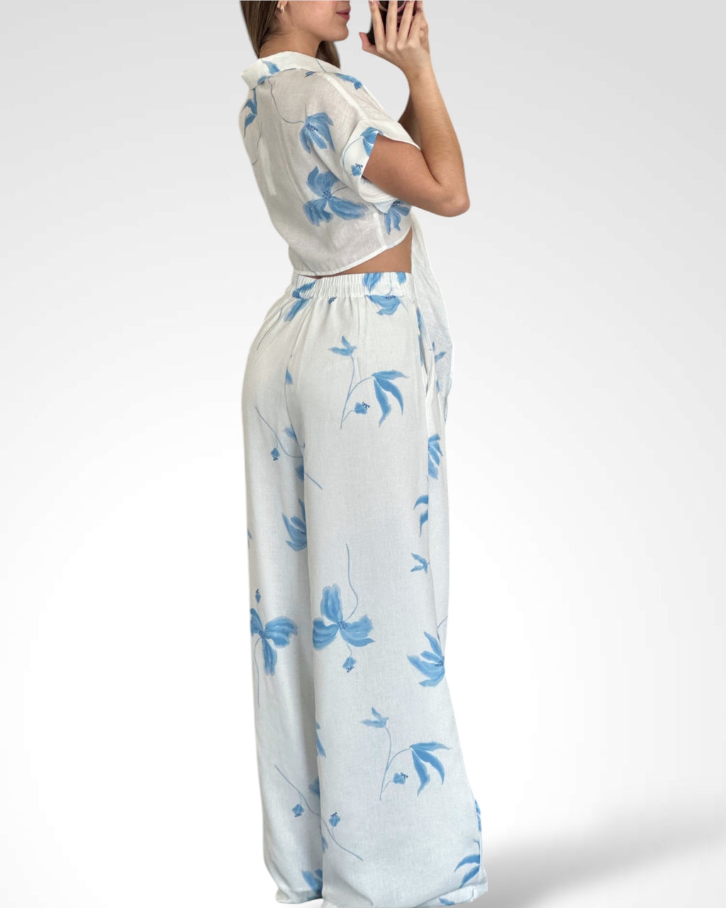 PRINTED FRONT TIE CROP TOP AND TROUSERS SET