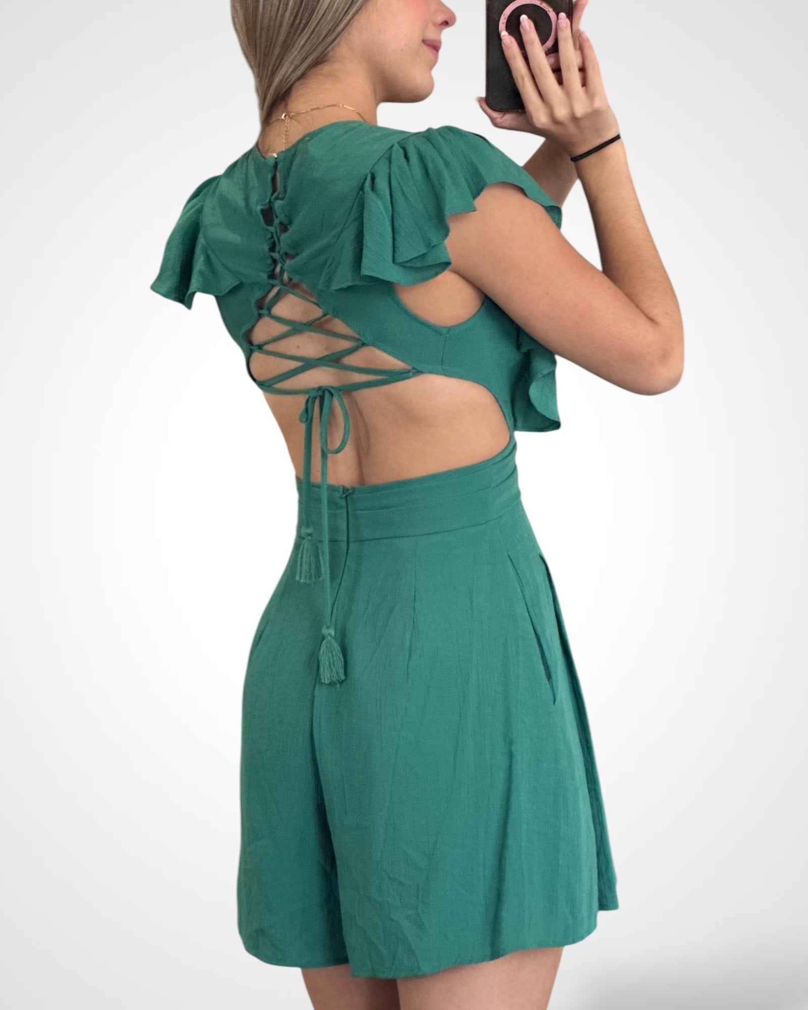 Green Ruffle Detail Romper•-3