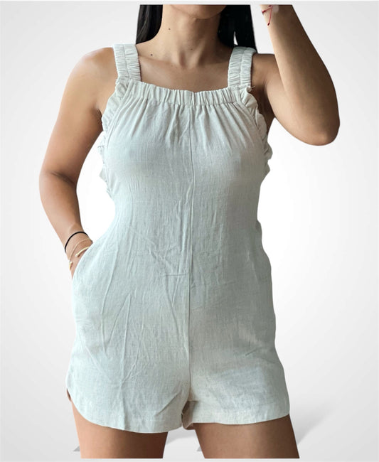 SOLID RAYON LINEN RUFFLE DETAIL ROMPER