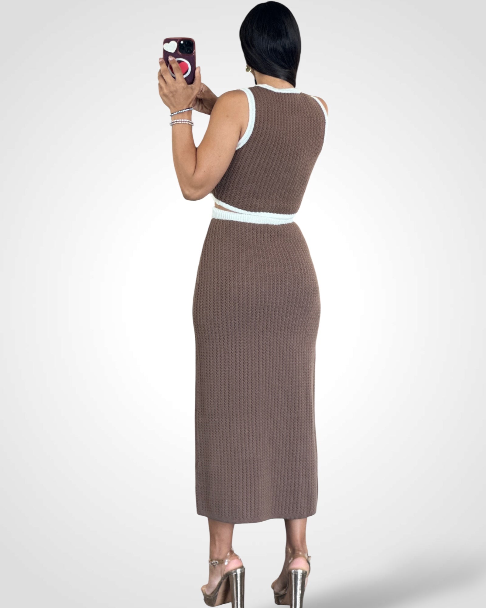 CONTRAST COLOR TRIM DETAIL OPEN SWEATER WITH SKIRT•-3