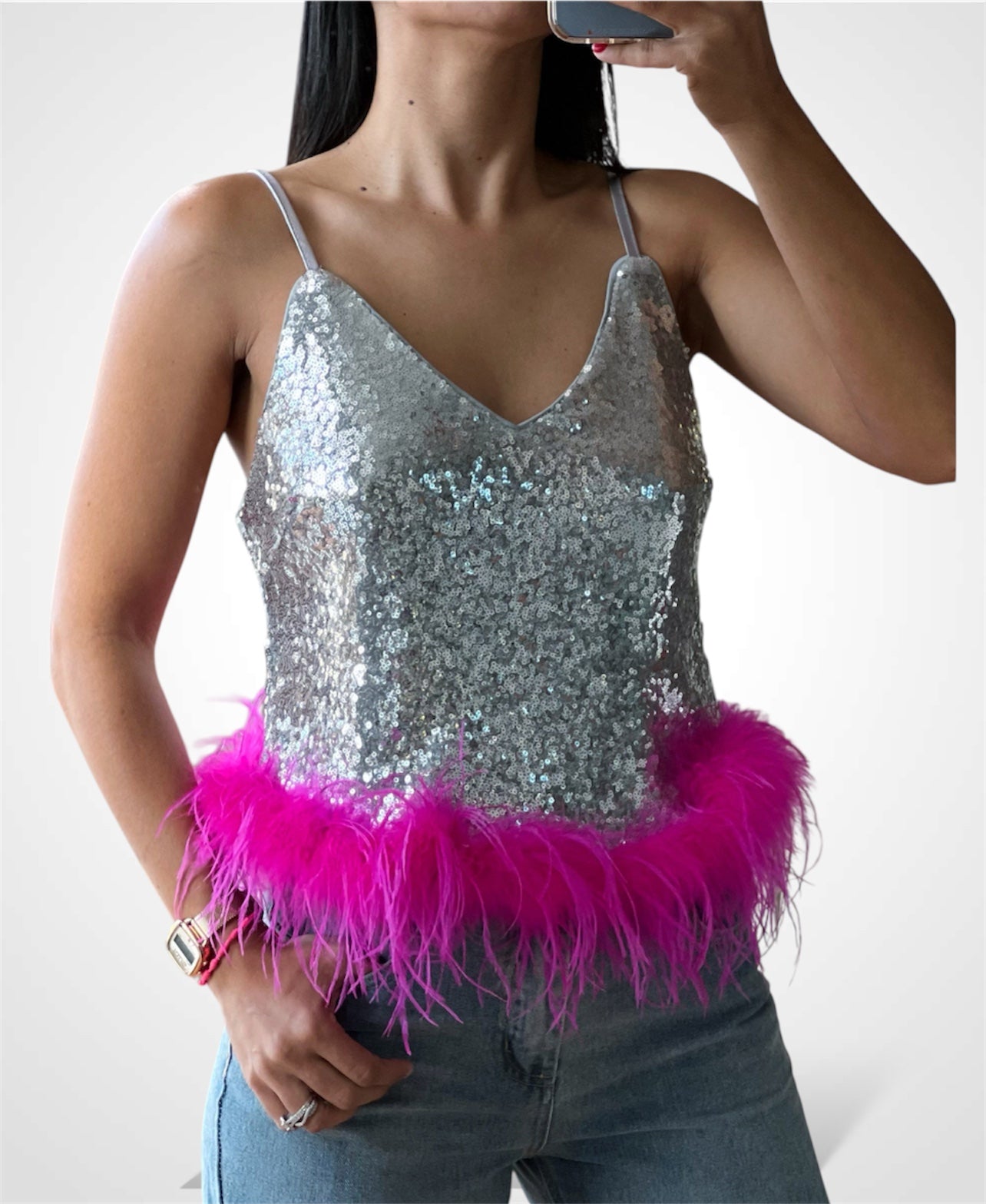 Feathers Trim Sequin Top•-1
