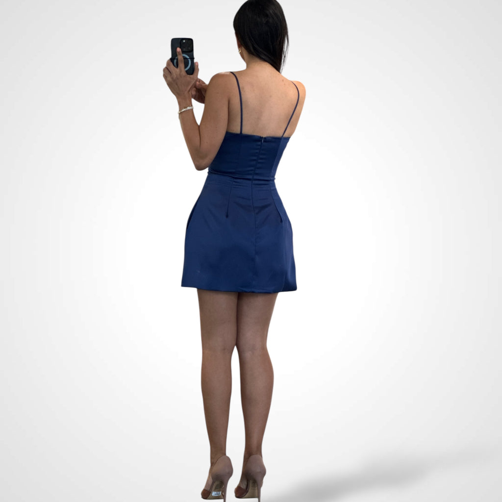 Navy Selena Satin Dress with Pockets