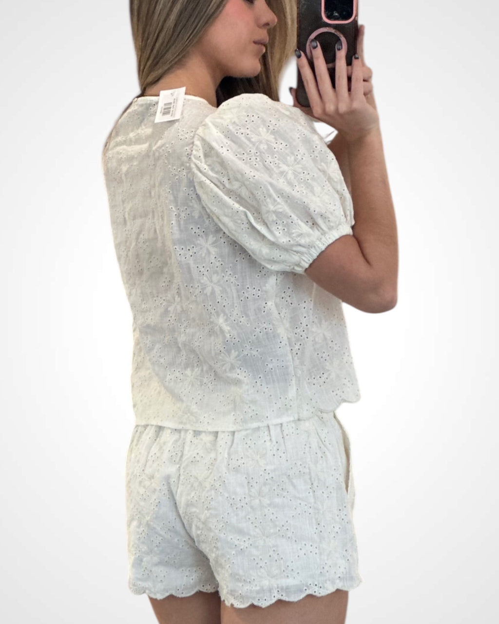 Off White Linen Eyelet Tie Front Top W/ Matching Shorts